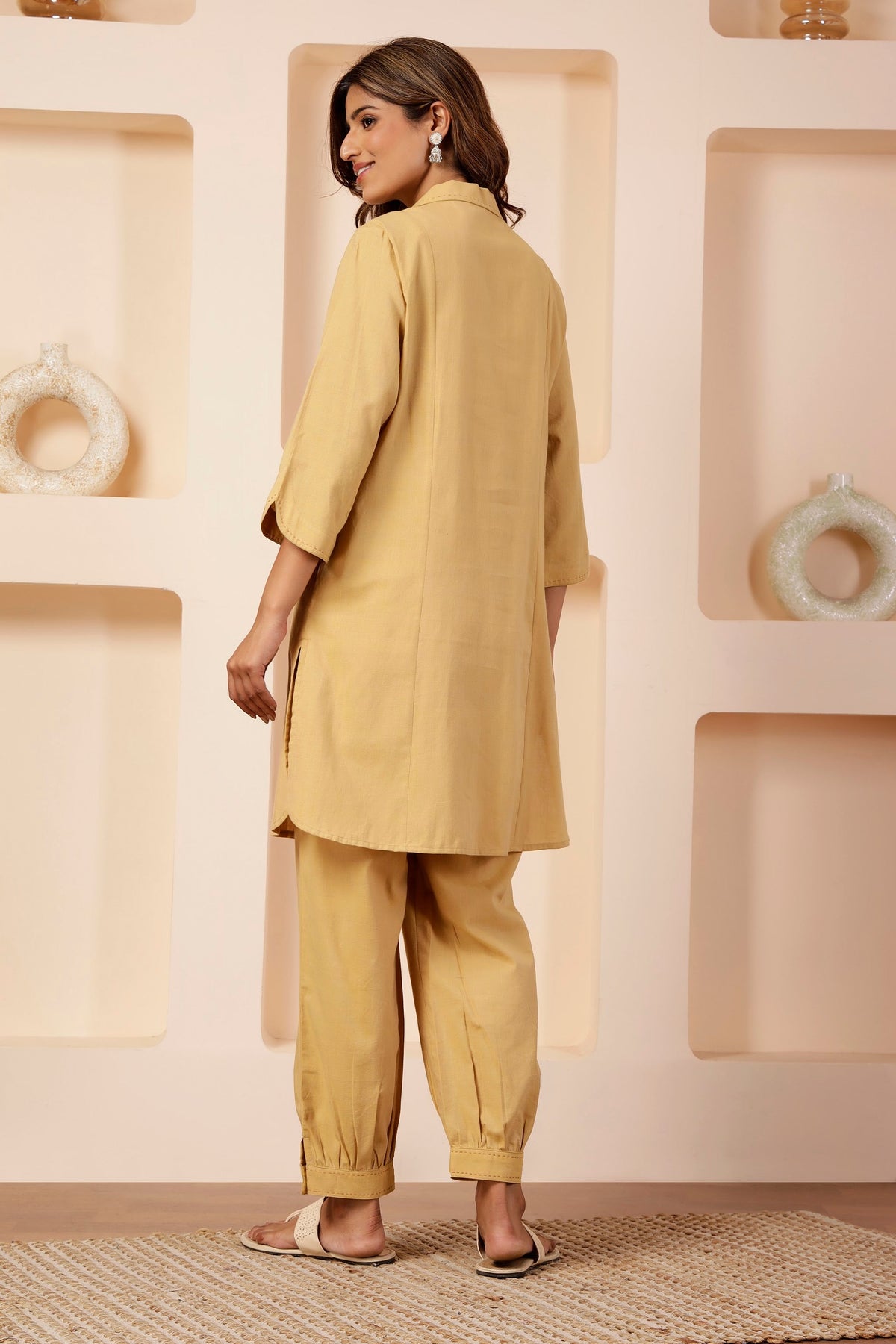 Butter Beige Handwoven Cotton Notched Collar Co-ord Set
