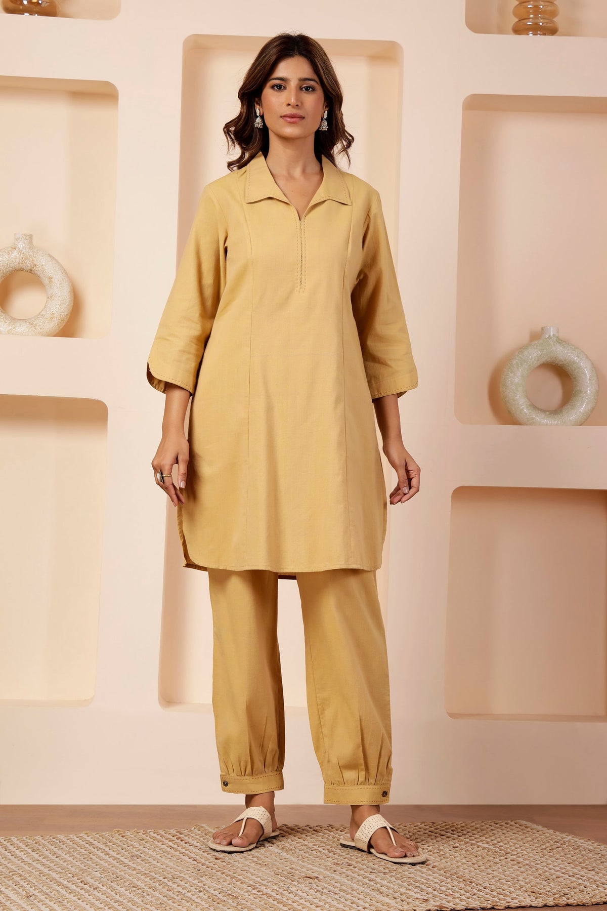 Butter Beige Handwoven Cotton Notched Collar Co-ord Set