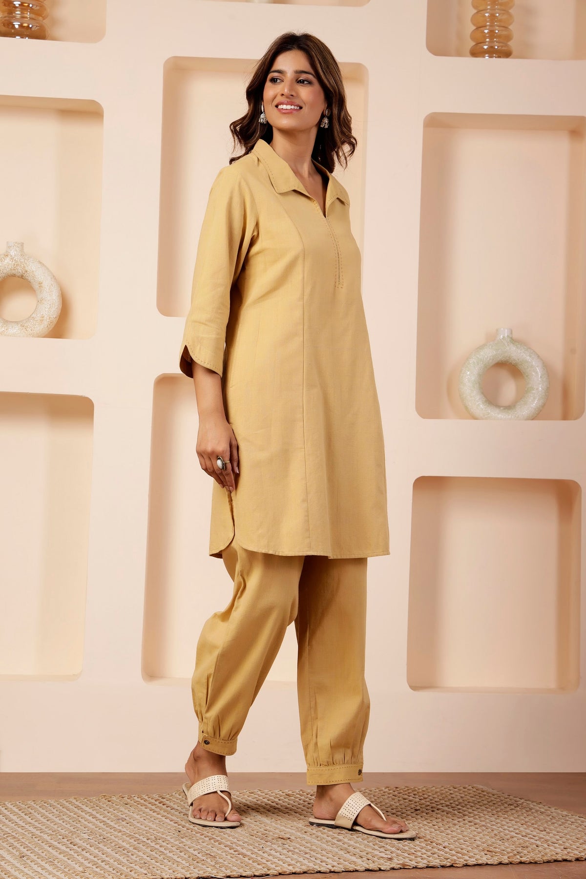 Butter Beige Handwoven Cotton Notched Collar Co-ord Set
