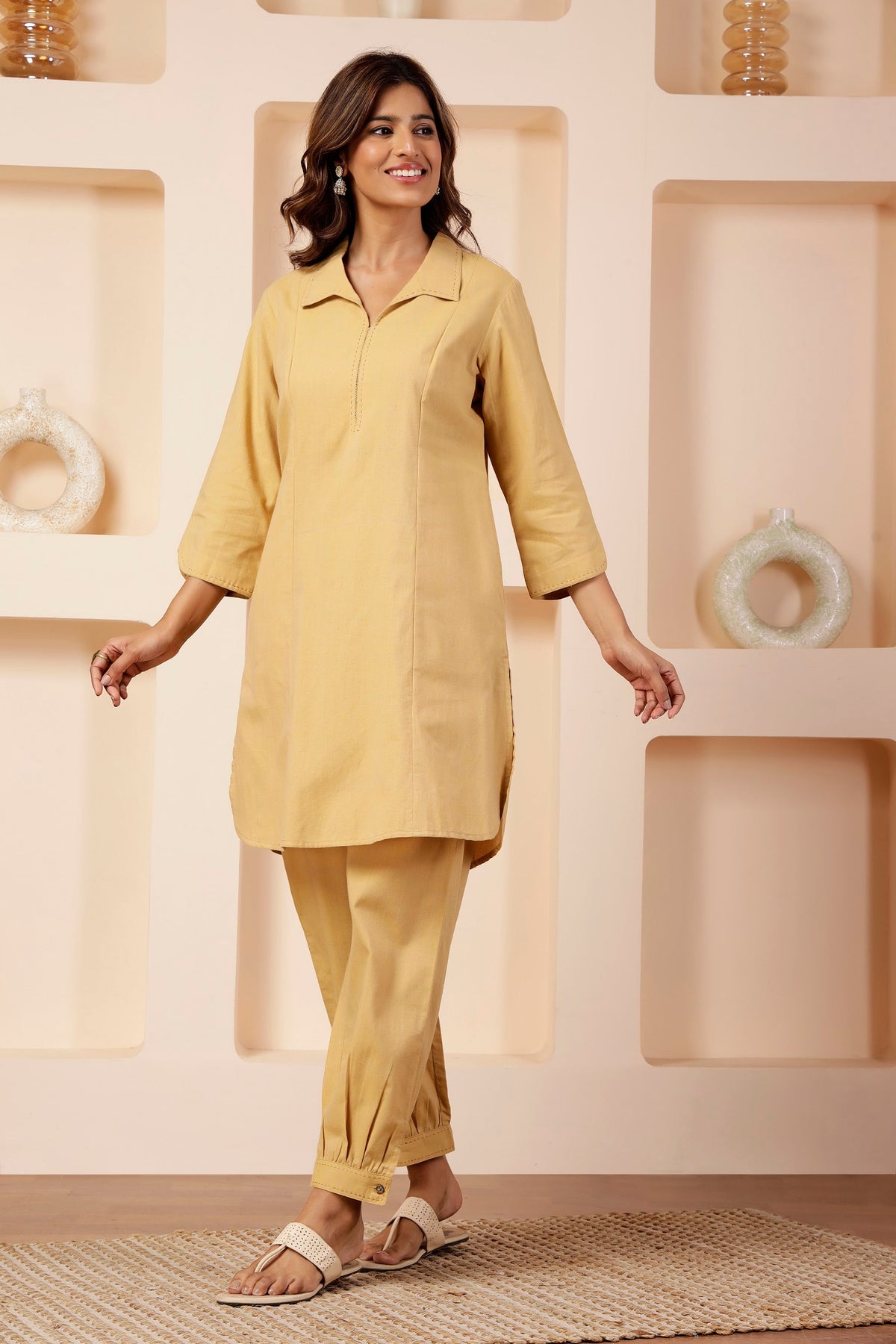 Butter Beige Handwoven Cotton Notched Collar Co-ord Set