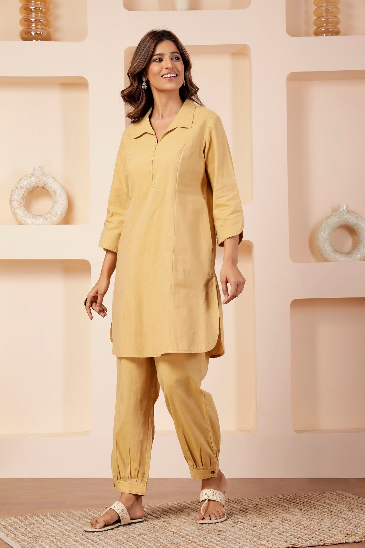 Butter Beige Handwoven Cotton Notched Collar Co-ord Set