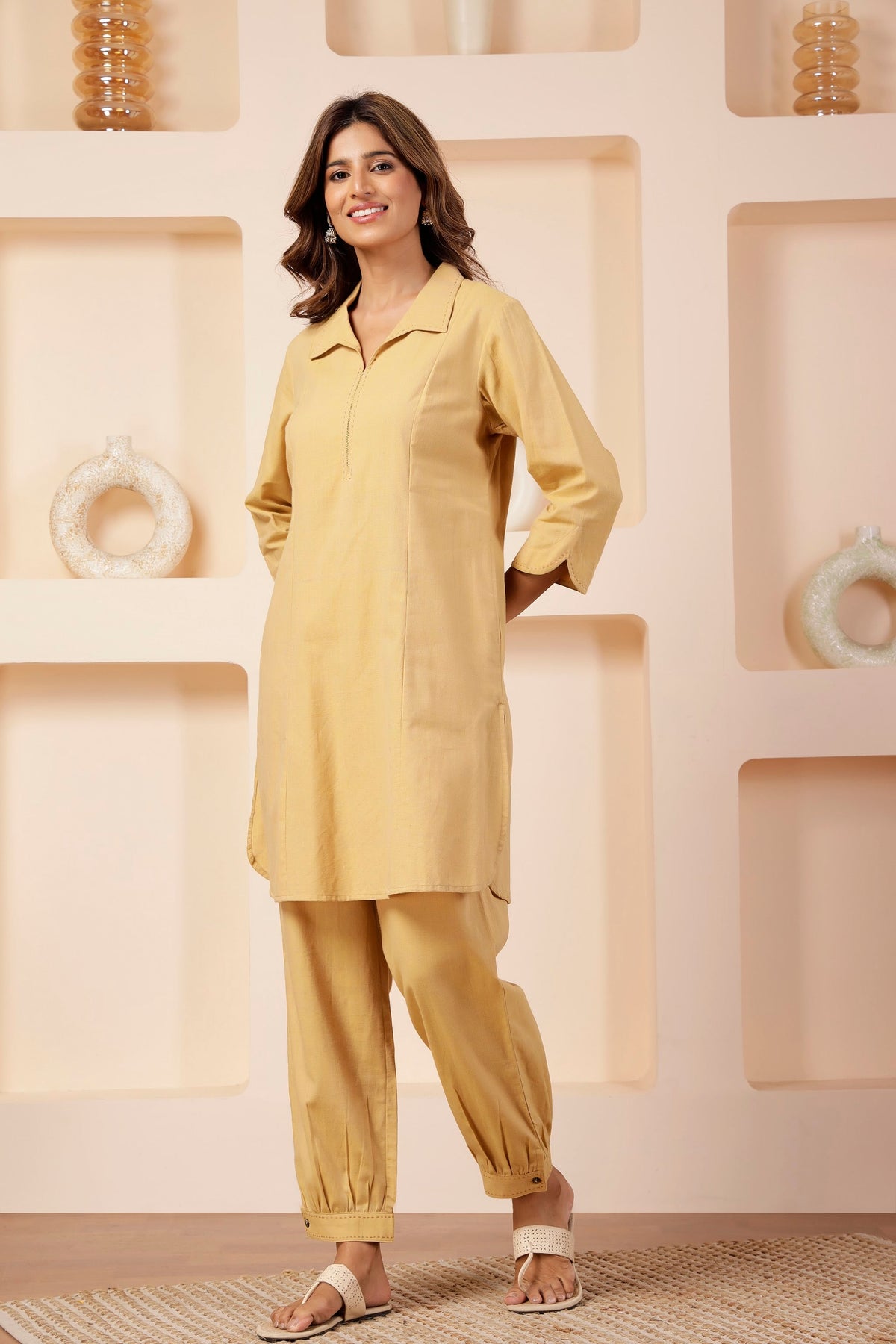 Butter Beige Handwoven Cotton Notched Collar Co-ord Set