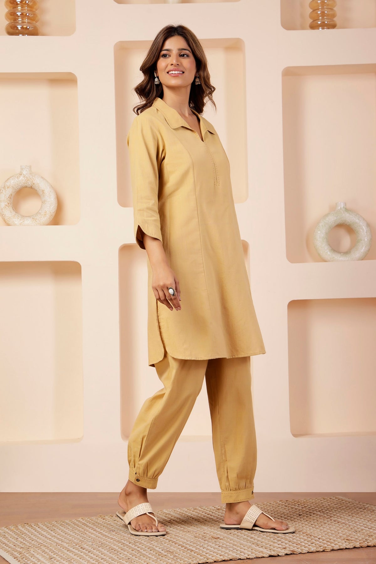 Butter Beige Handwoven Cotton Notched Collar Co-ord Set