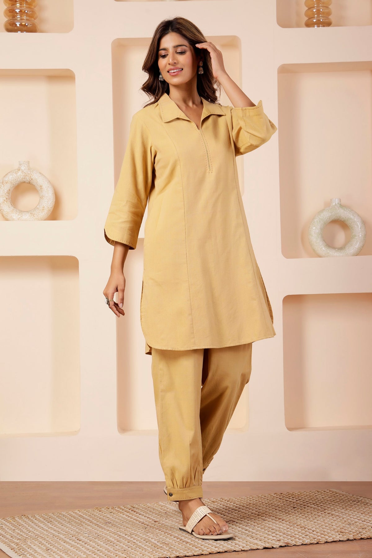 Butter Beige Handwoven Cotton Notched Collar Co-ord Set