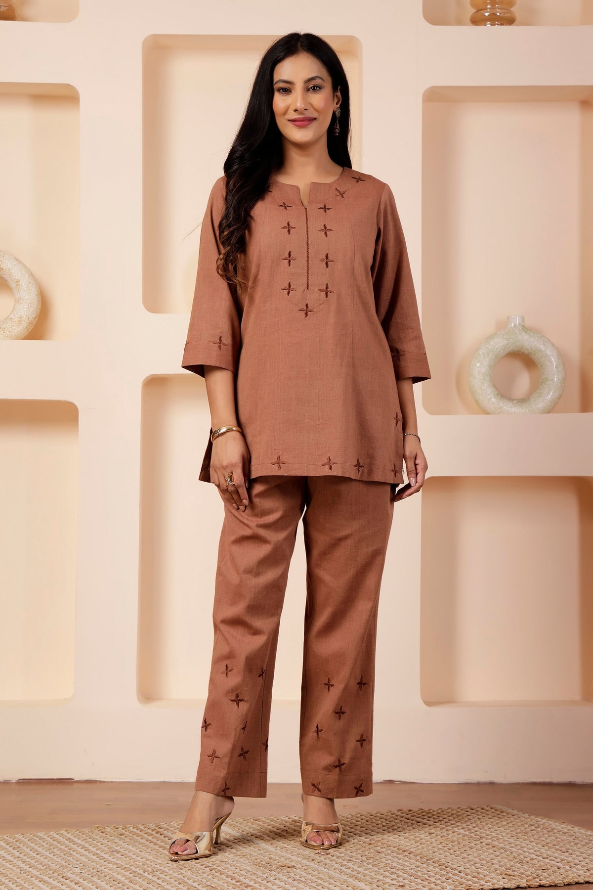 Clay brown Handwoven Cotton Short Tunic Co-ord Set