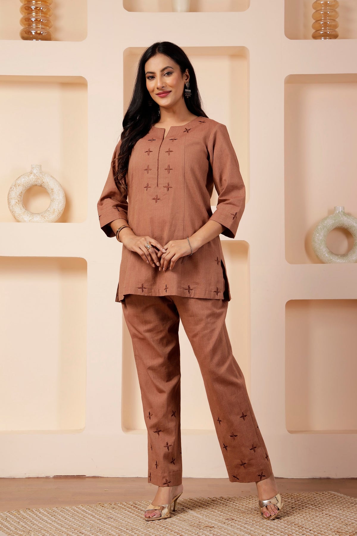 Clay brown Handwoven Cotton Short Tunic Co-ord Set
