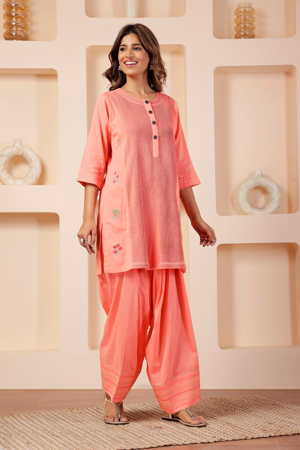 Coral Peach Pintuck Muslin Farshi Salwar Co-ord Set