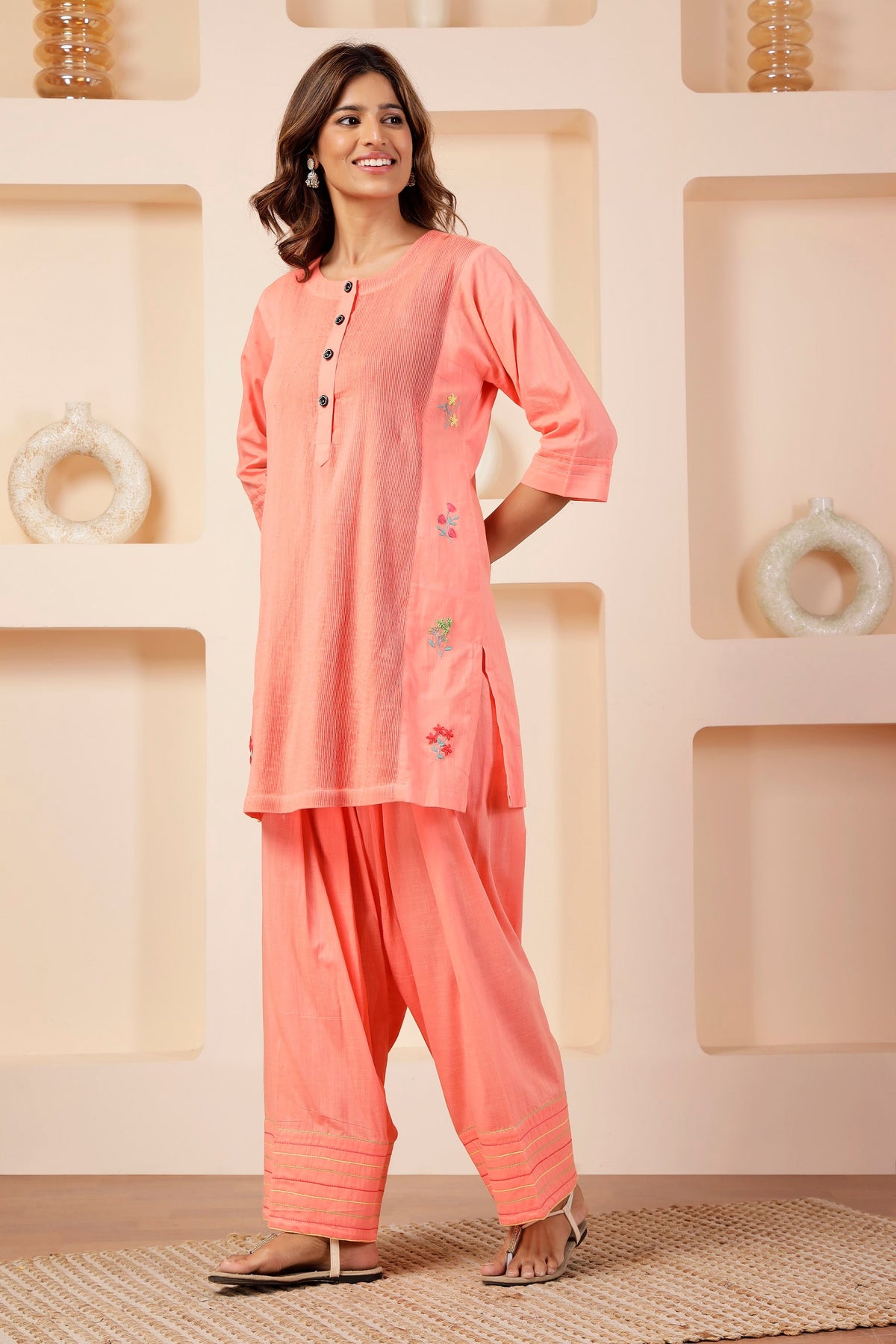Coral Peach Pintuck Muslin Farshi Salwar Co-ord Set