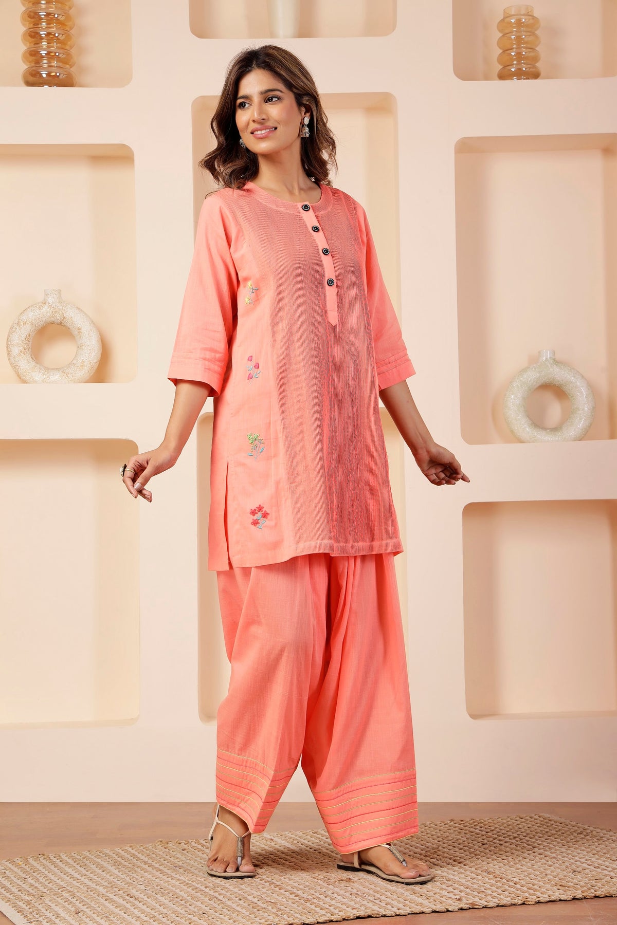 Coral Peach Pintuck Muslin Farshi Salwar Co-ord Set