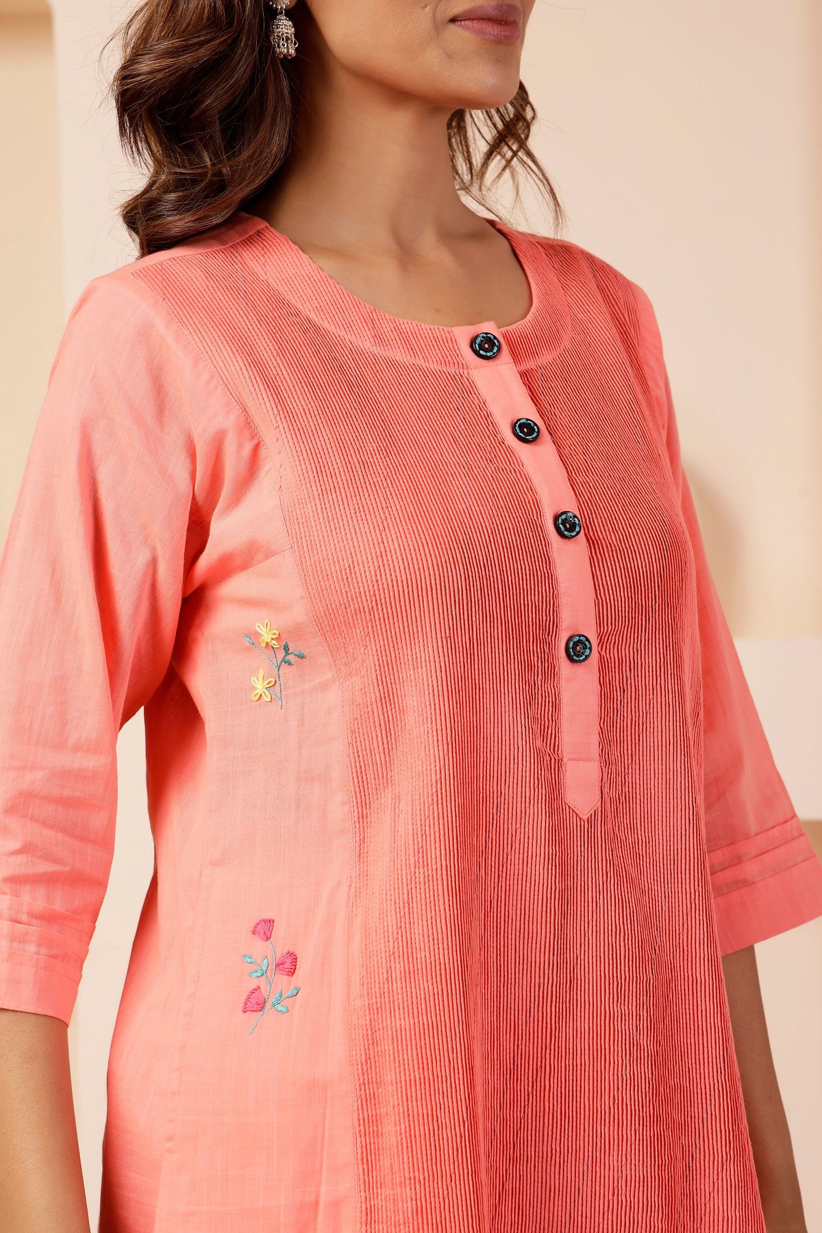 Coral Peach Pintuck Muslin Farshi Salwar Co-ord Set