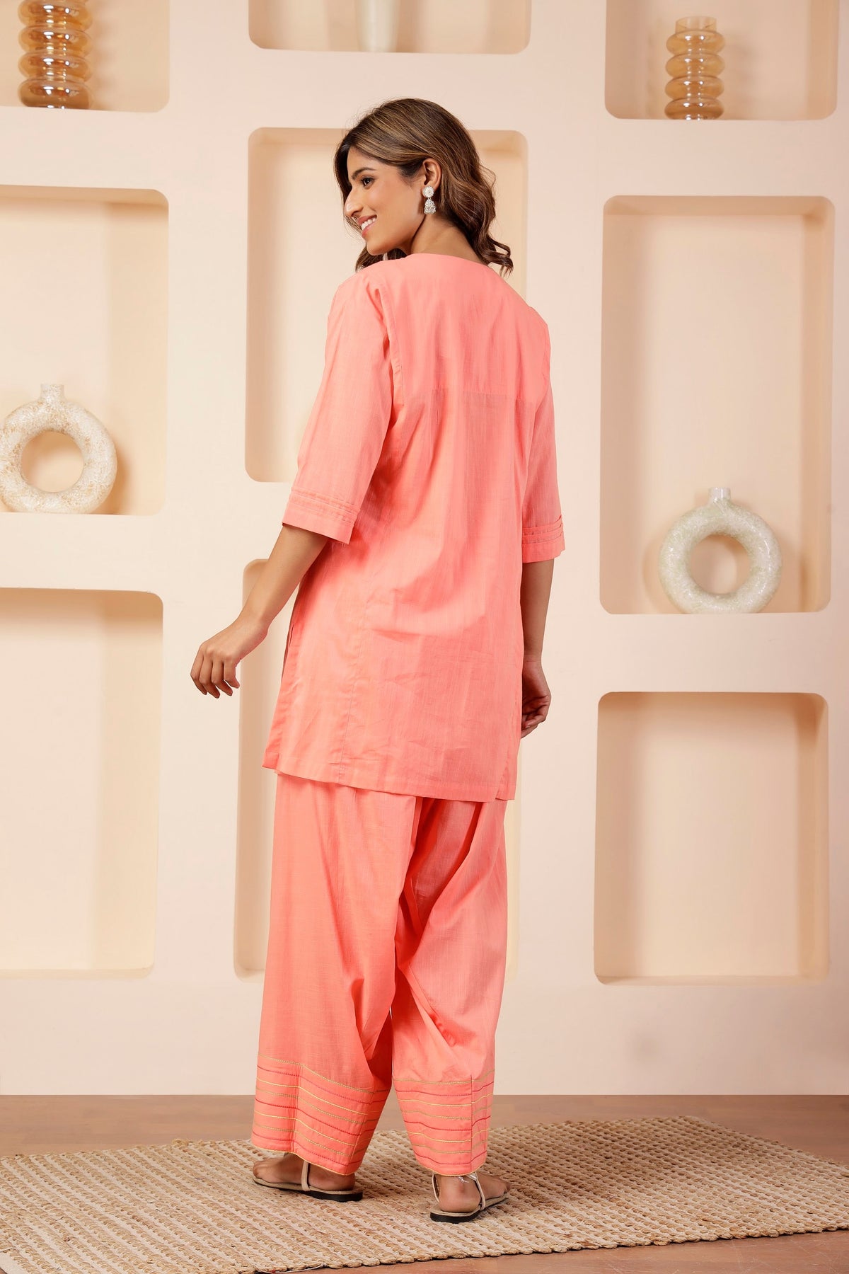 Coral Peach Pintuck Muslin Farshi Salwar Co-ord Set