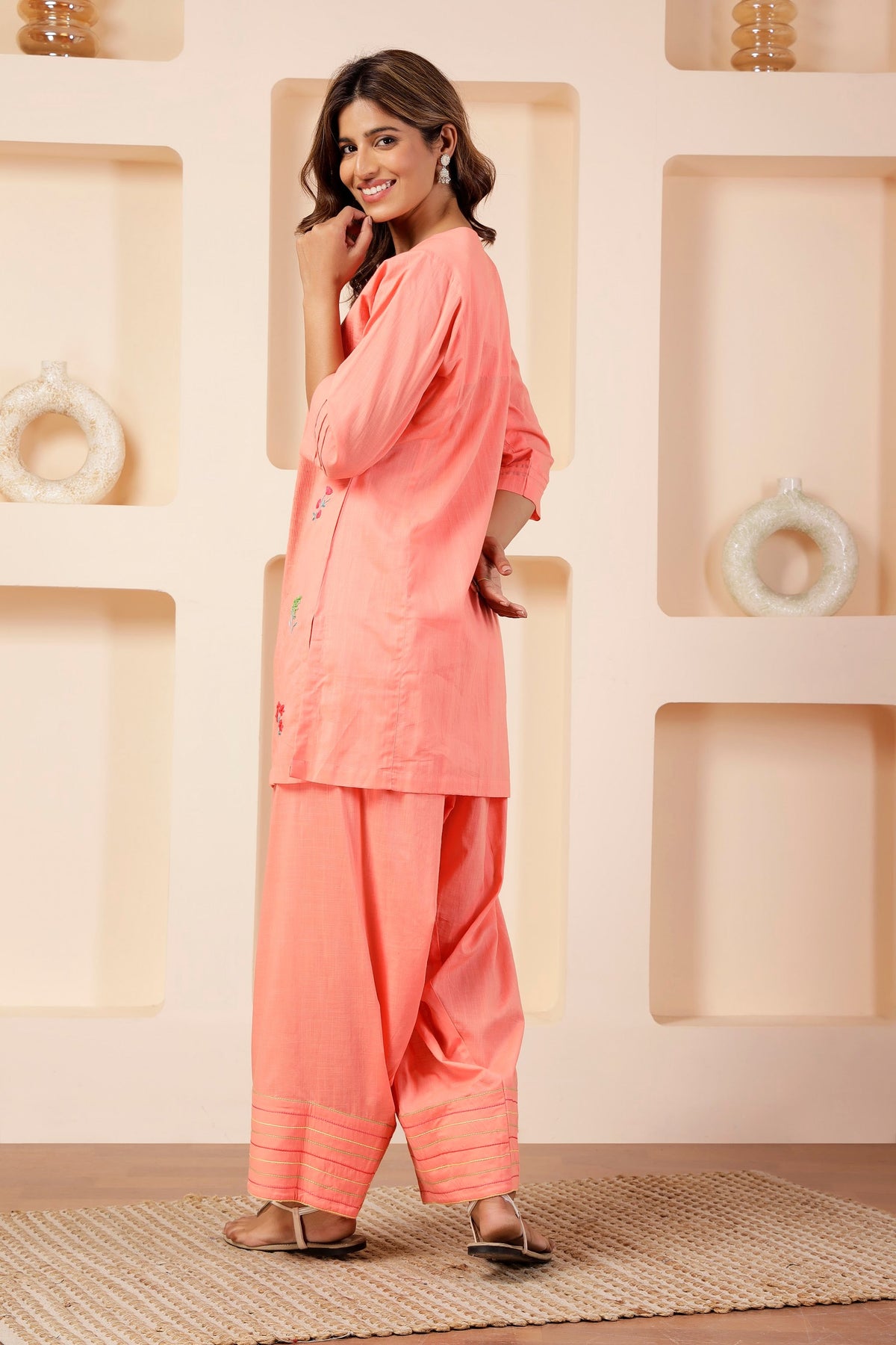 Coral Peach Pintuck Muslin Farshi Salwar Co-ord Set