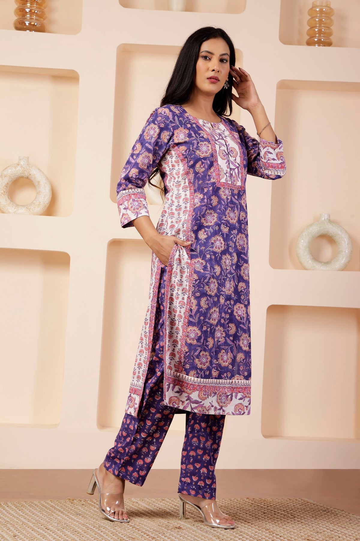Royal Violet Hand Block-Printed 3 Pc Suit Set