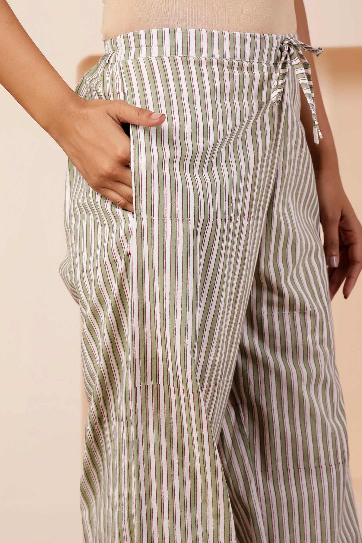 Sage Green Striped Smart-Casual salwar Pant