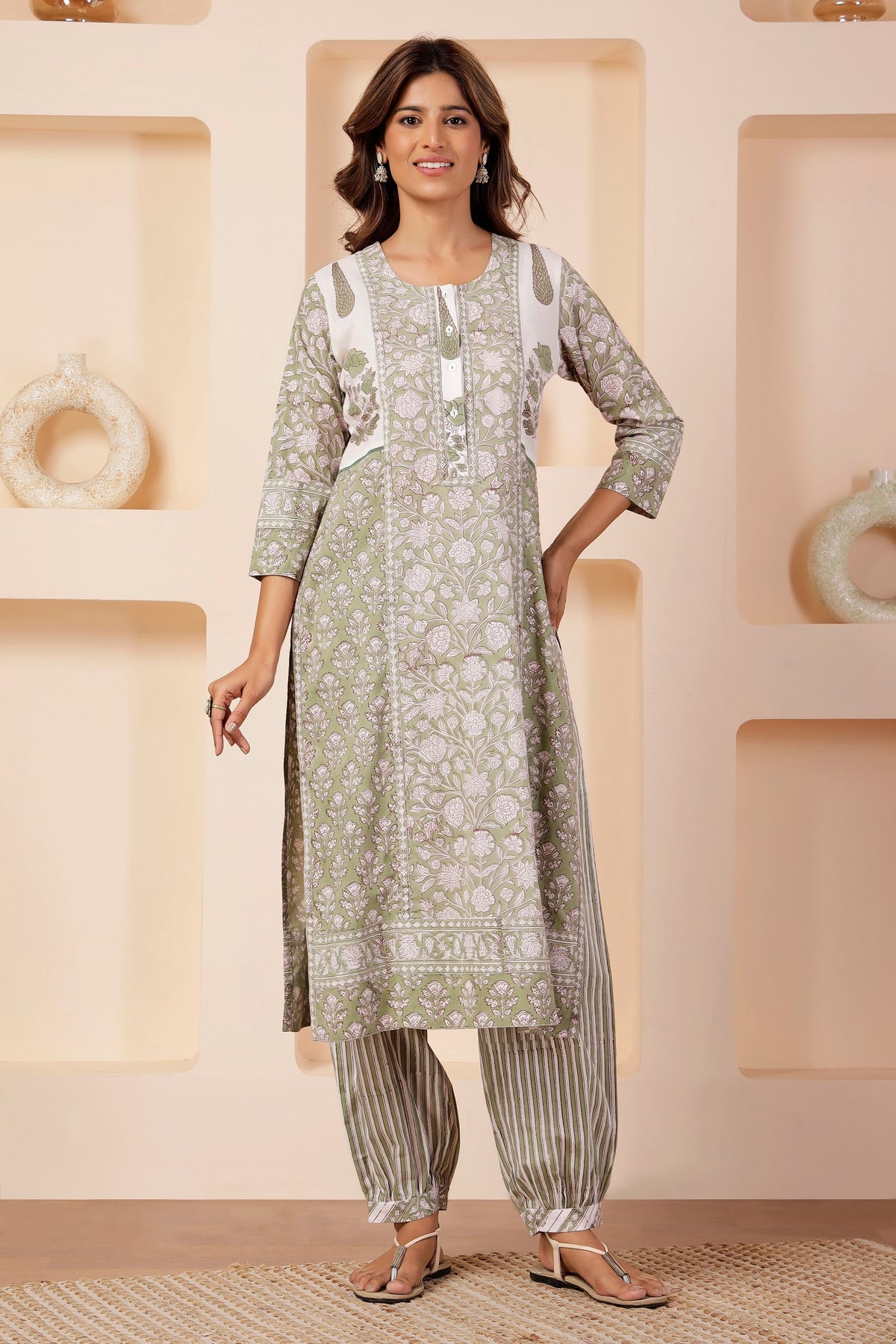 Sage Green Handblock Print Shoulder-Motif Kurta