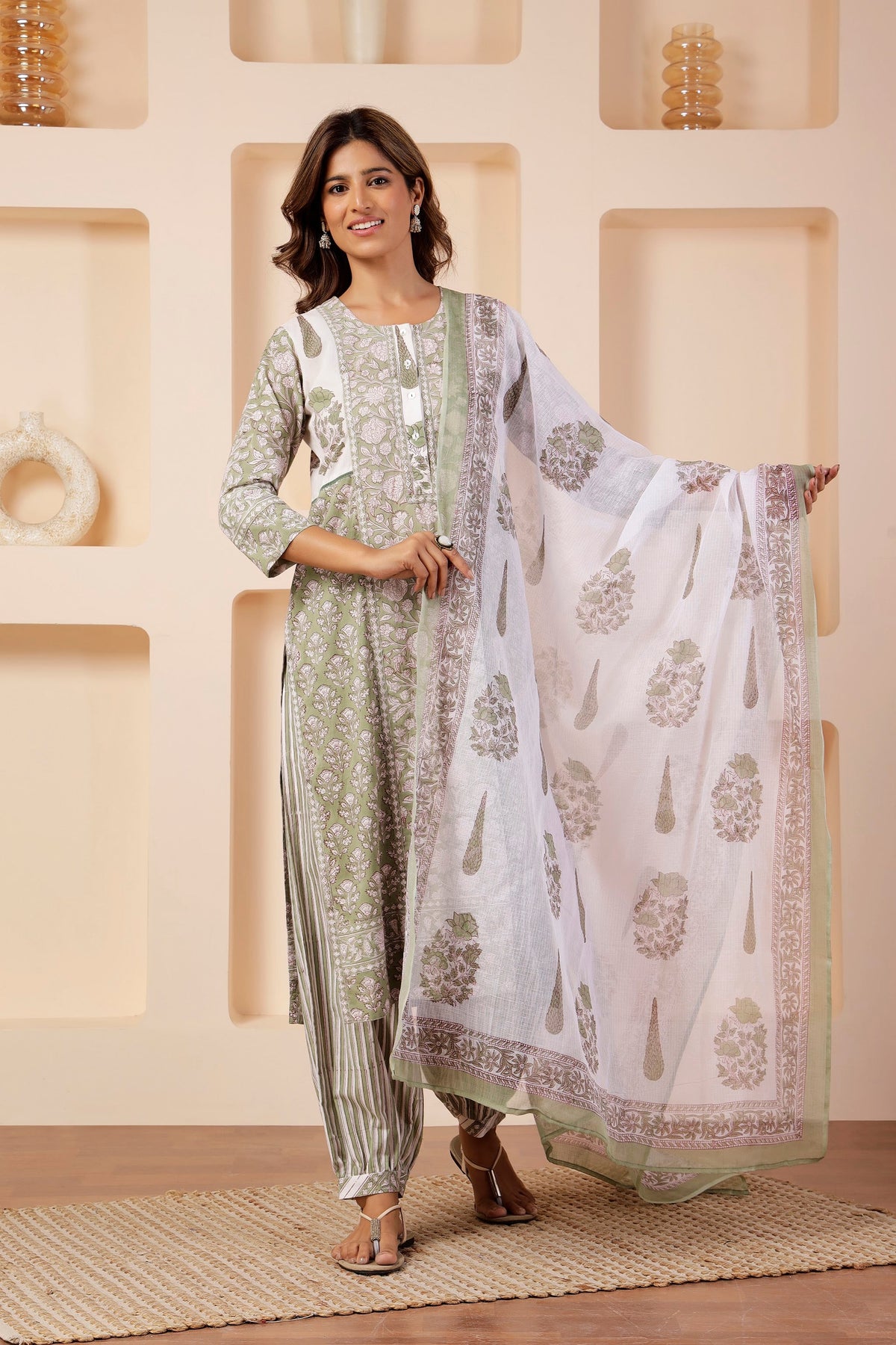 Off-White Cotton Kota Doria Dupatta with Sage Block Prints