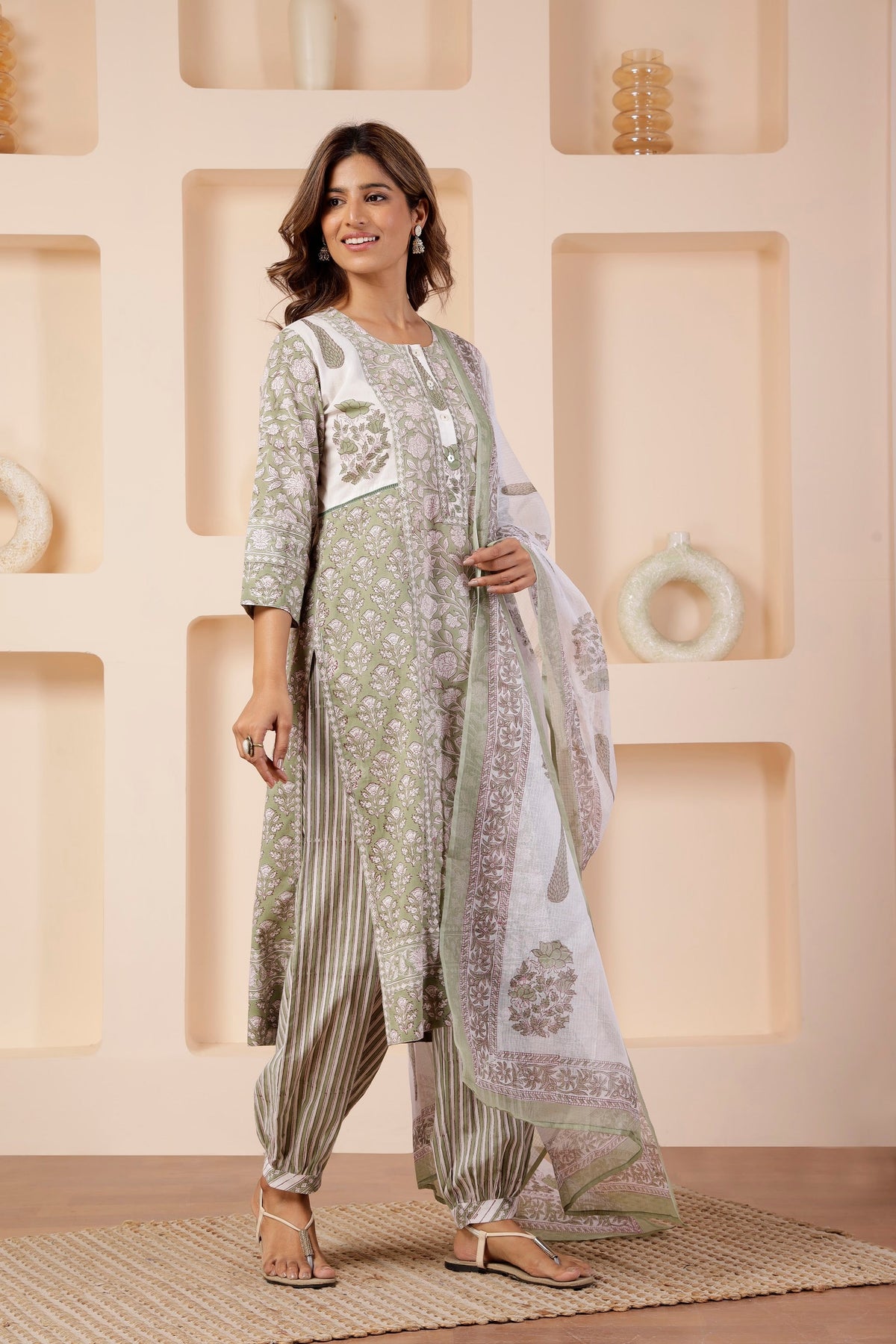 Off-White Cotton Kota Doria Dupatta with Sage Block Prints
