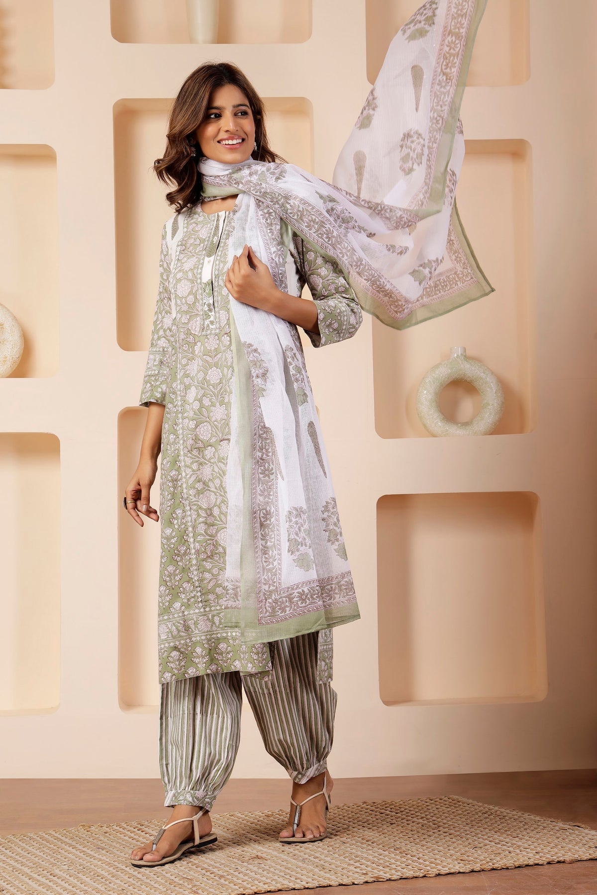 Off-White Cotton Kota Doria Dupatta with Sage Block Prints