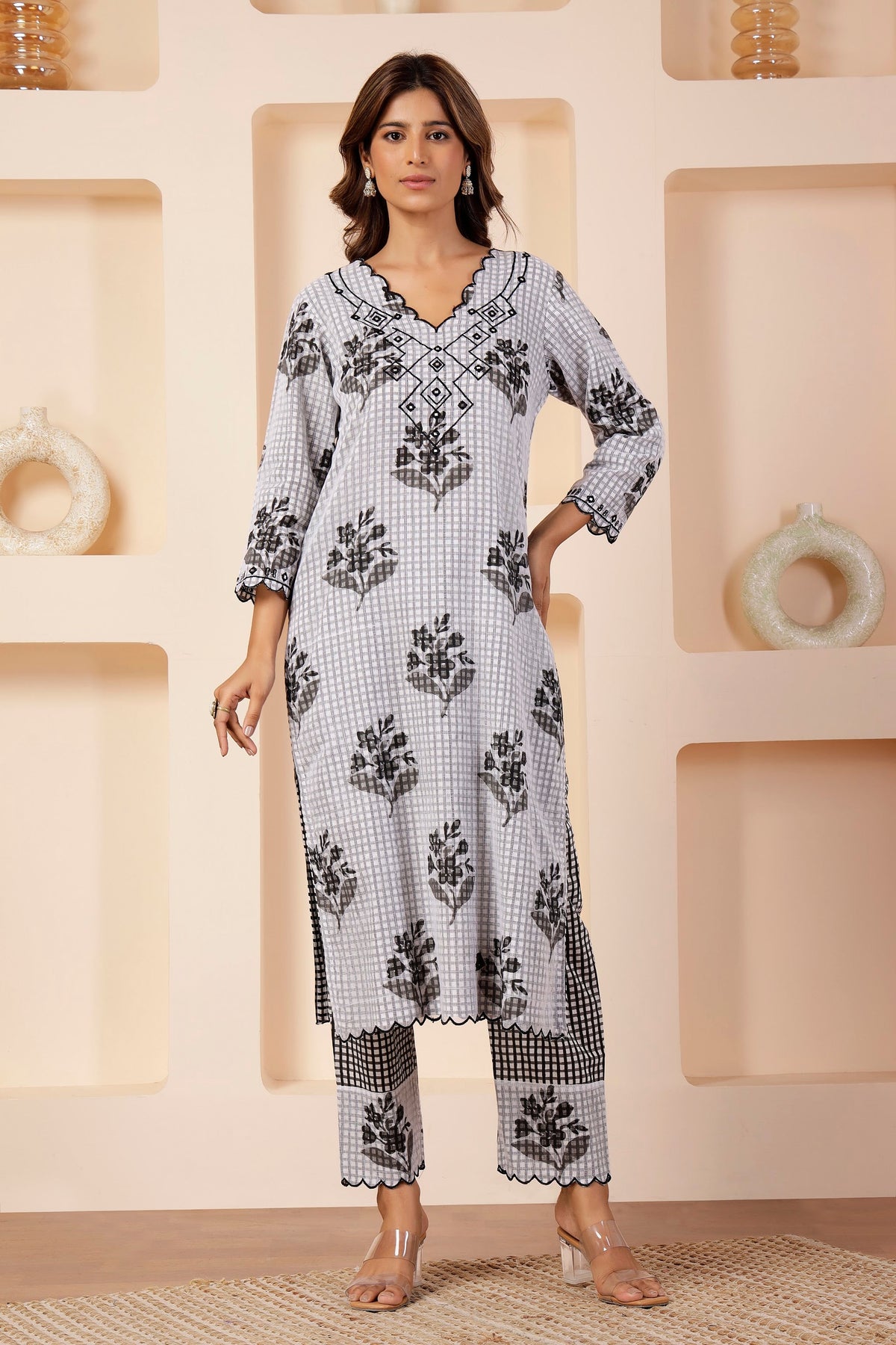 Jaipur Hand-Block Print Kota Cotton Kurta with Cutwork Yoke