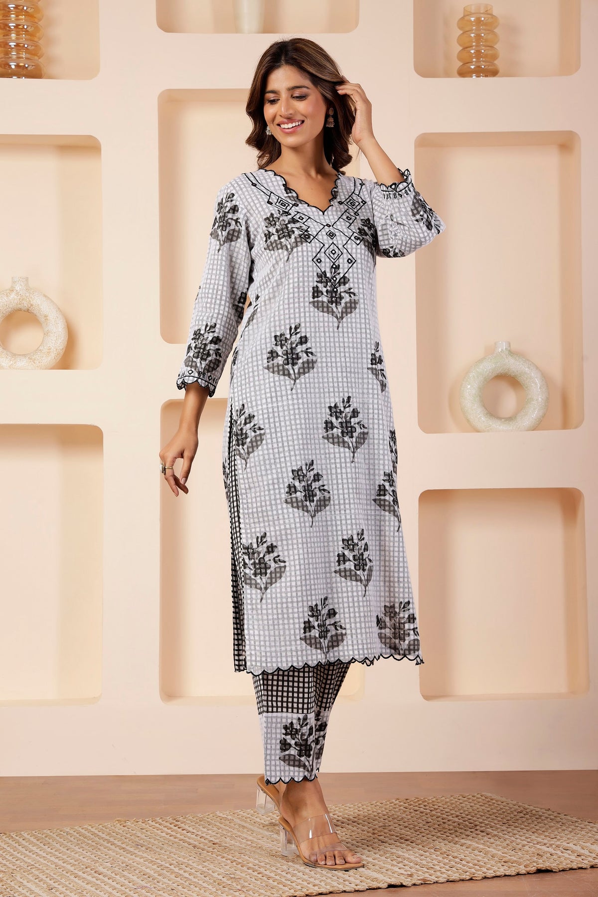 Jaipur Hand-Block Print Kota Cotton Kurta with Cutwork Yoke