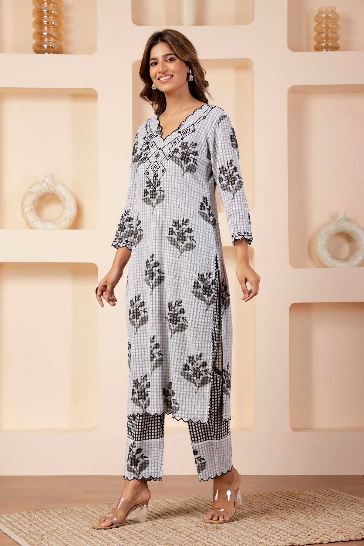 Monochrome Checkered Multi-Print Kota 3 Pc Suit Set
