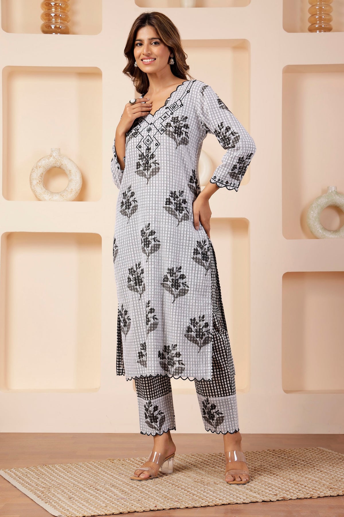 Monochrome Checkered Multi-Print Kota 3 Pc Suit Set