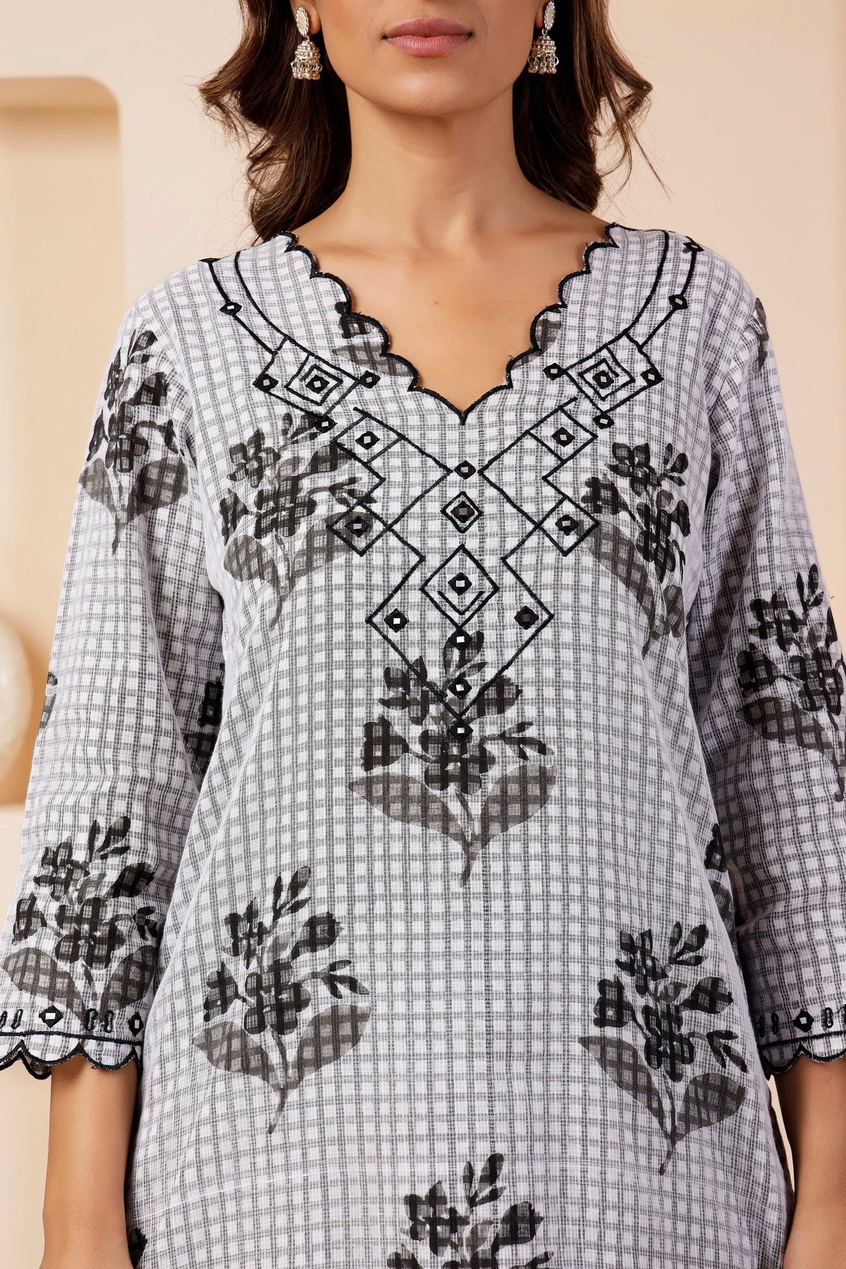 Monochrome Checkered Multi-Print Kota 3 Pc Suit Set