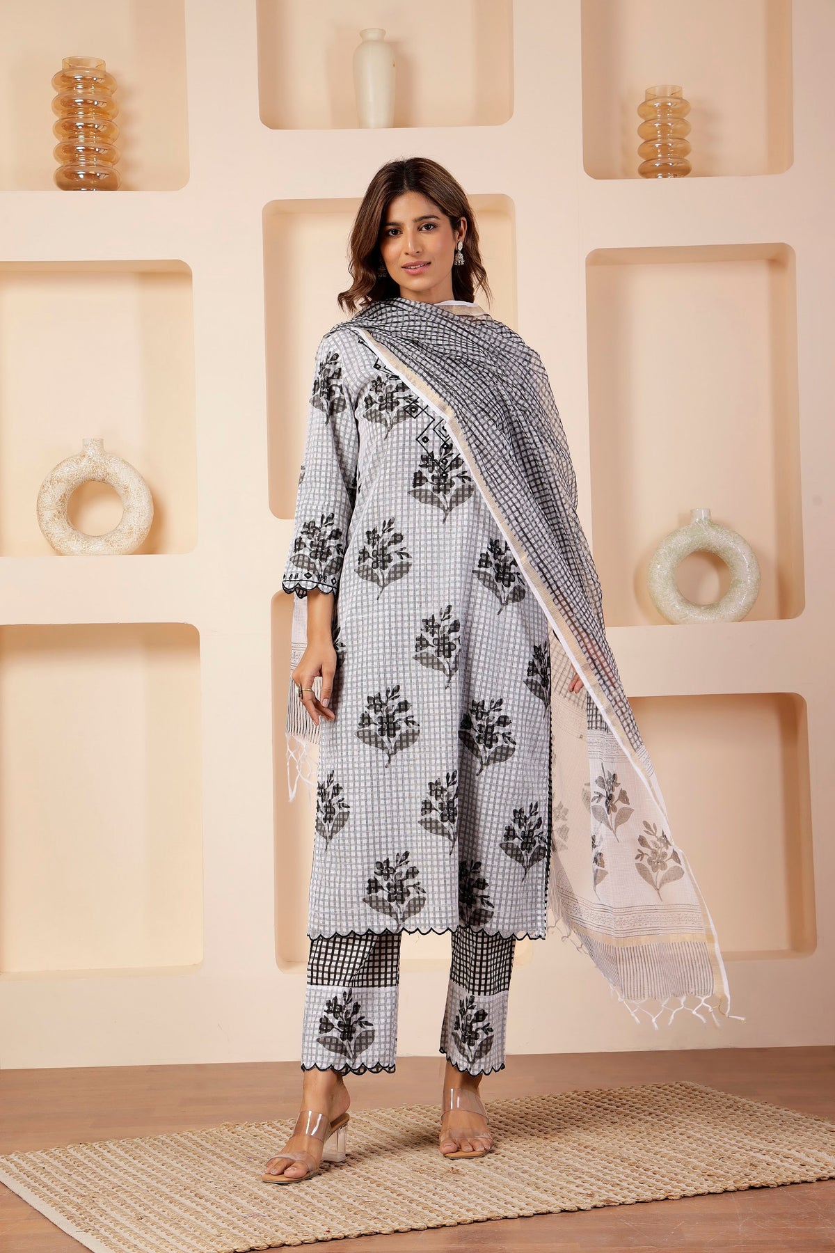 Monochrome Checkered Cotton Kota Doria Dupatta
