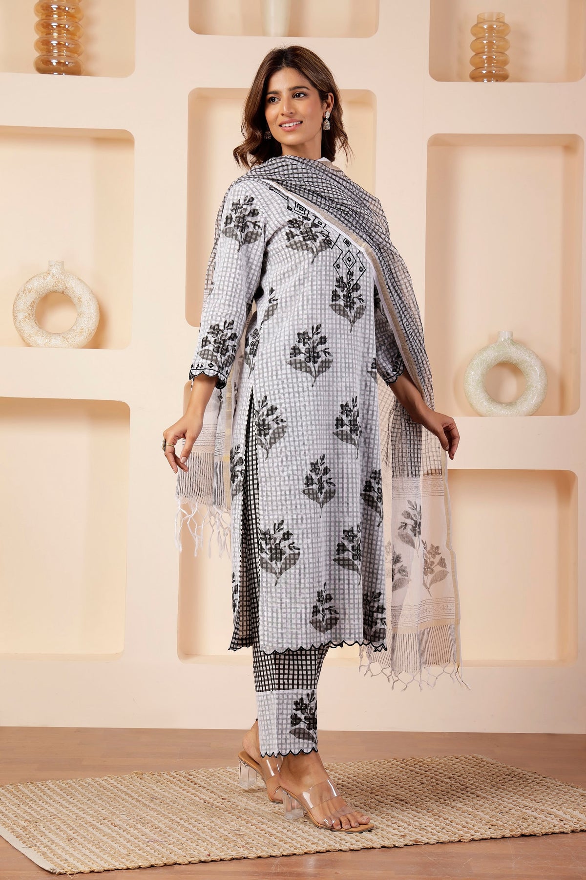 Monochrome Checkered Multi-Print Kota 3 Pc Suit Set