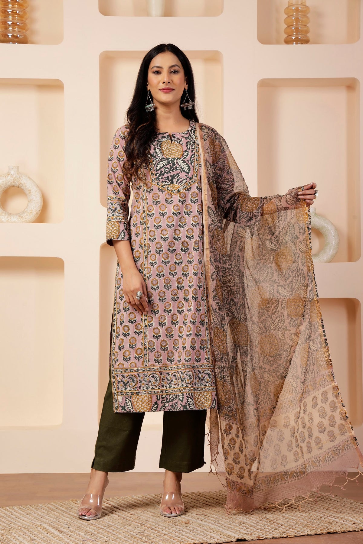 Sheer Cotton Kota Doria Dupatta in Mauve & Pineapple Prints