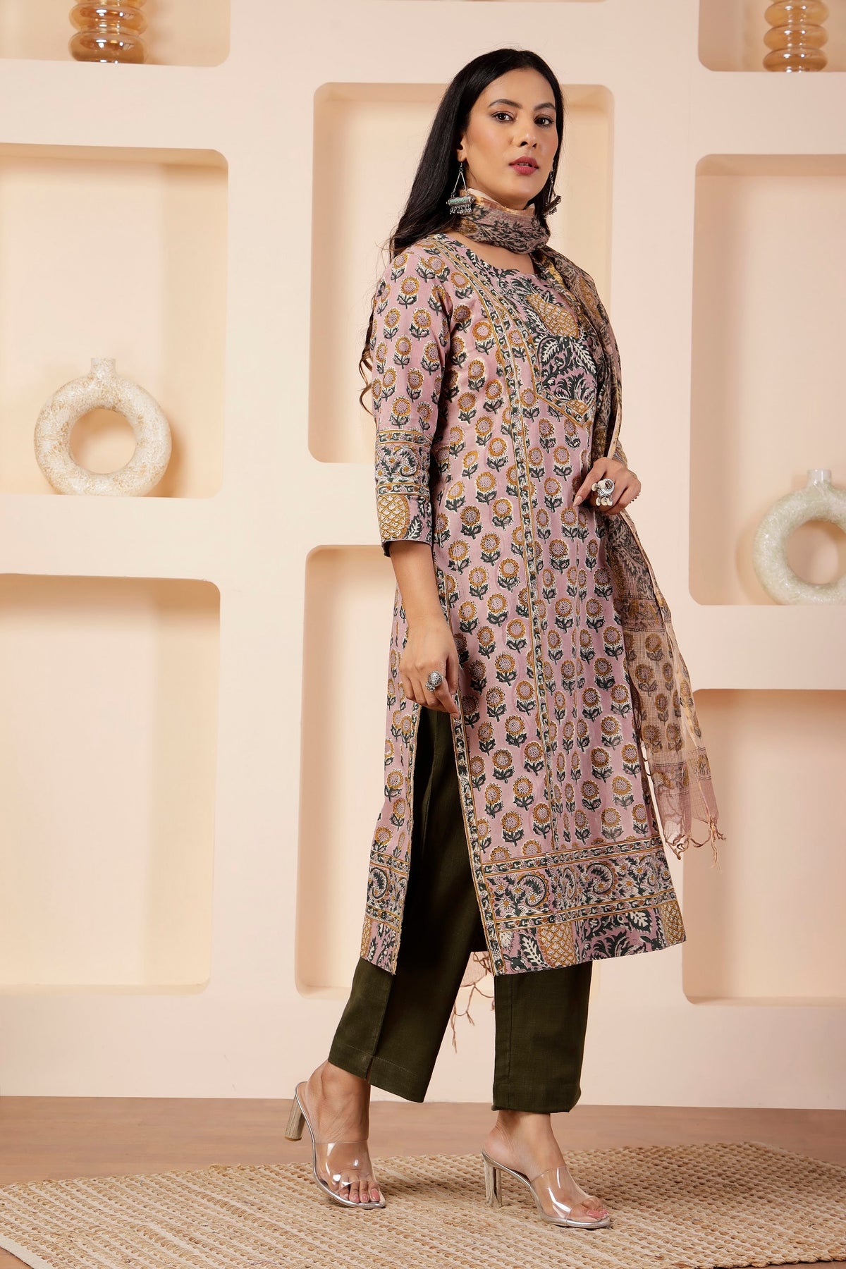 Sanganeri Hand-Block Print 3-Piece Suit Set in Mauve Pink