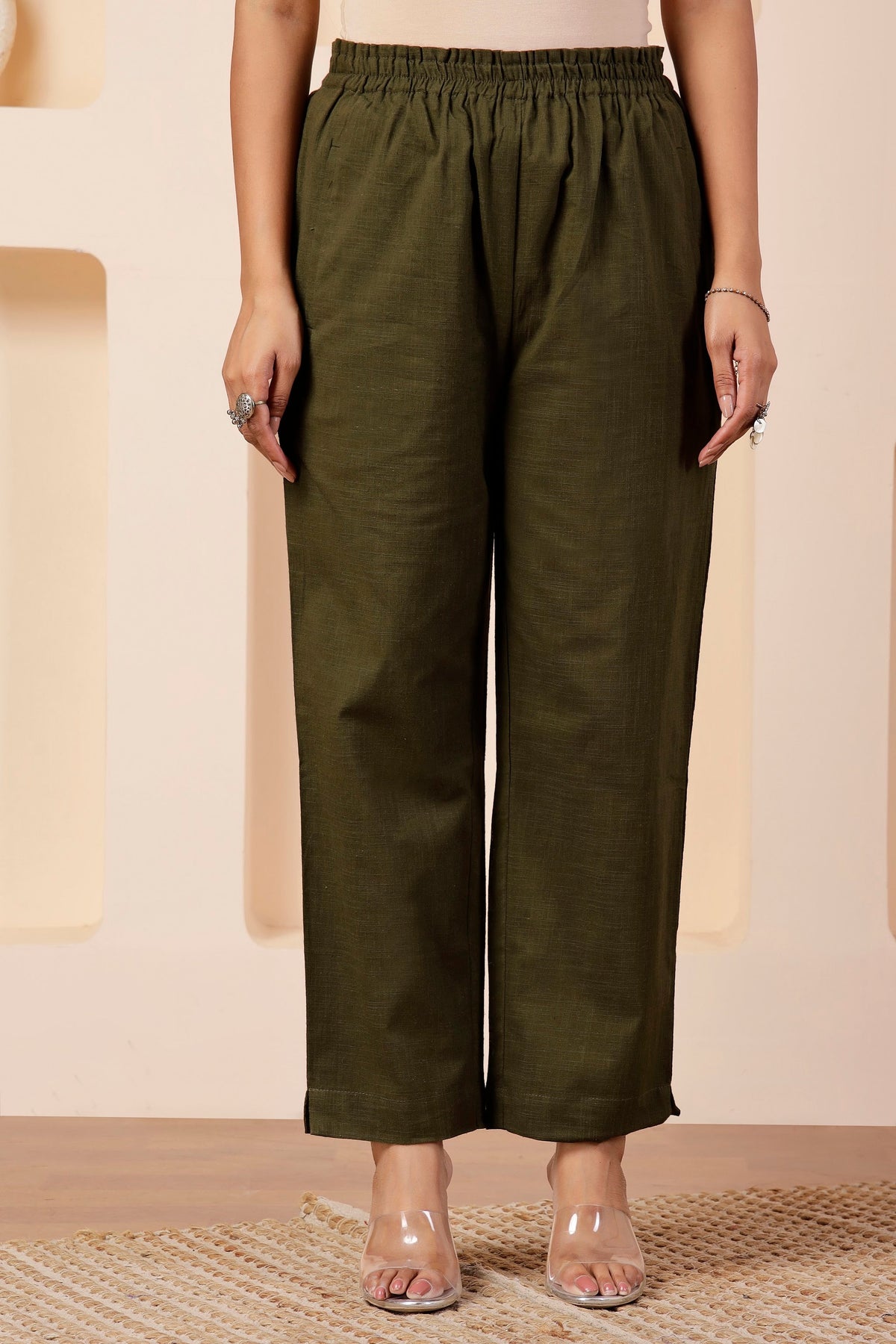 Olive Green Textured Slub Cotton Straight Trousers