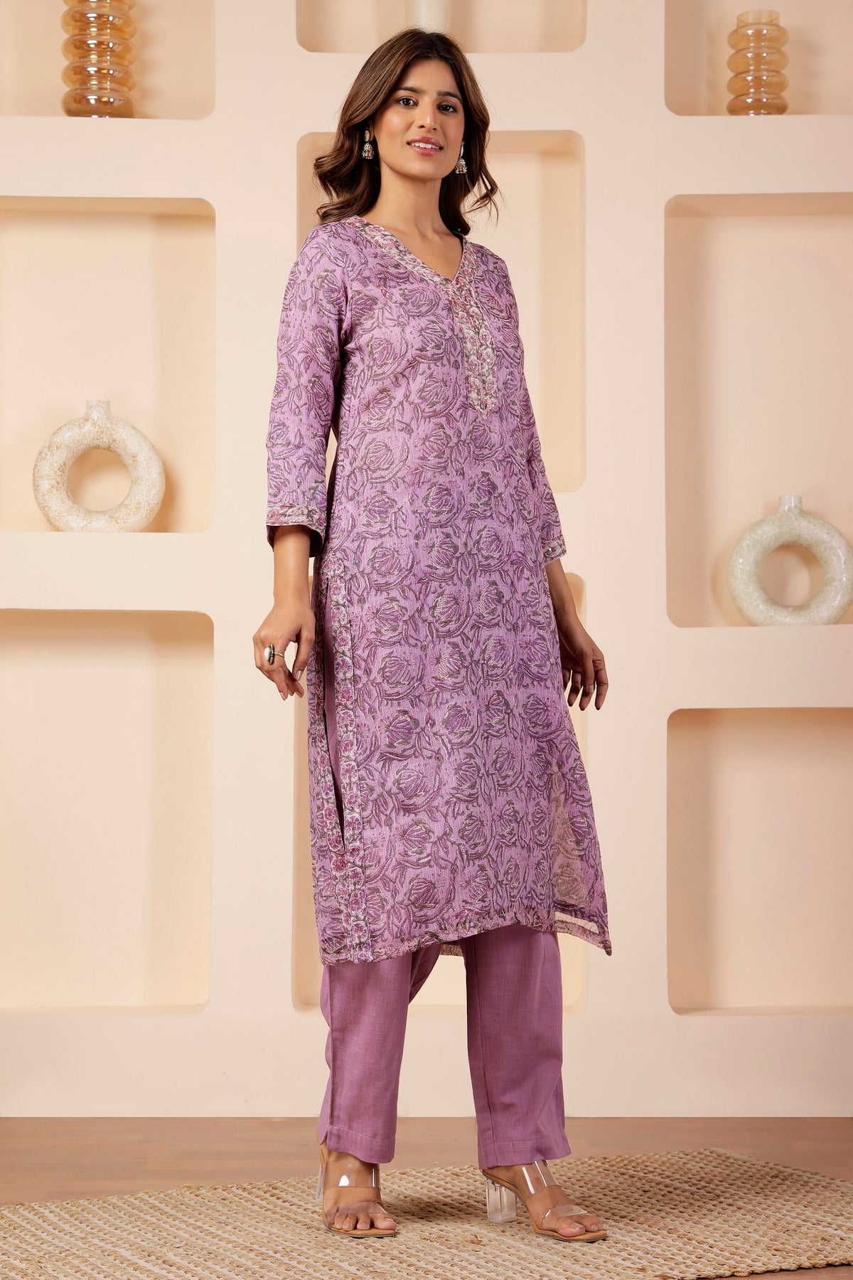 Lavender Floral Booti Kota Cotton Kurta with Sequin Placket