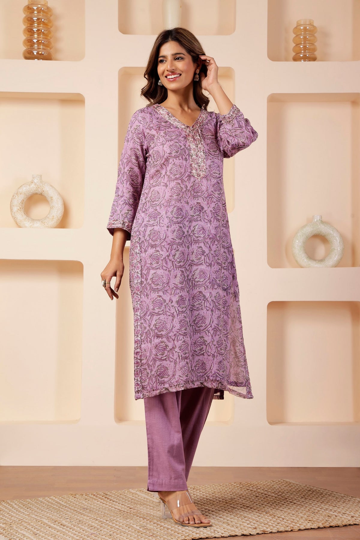 Lavender Floral Booti Kota Cotton Kurta with Sequin Placket