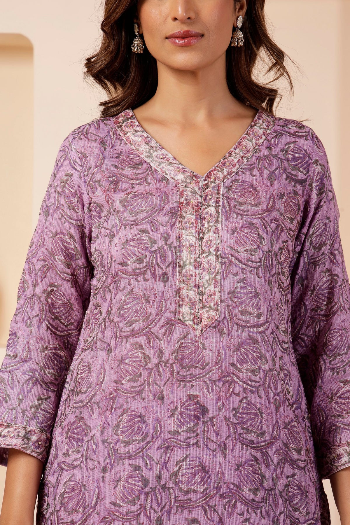 Lavender Floral Booti Kota Cotton Kurta with Sequin Placket