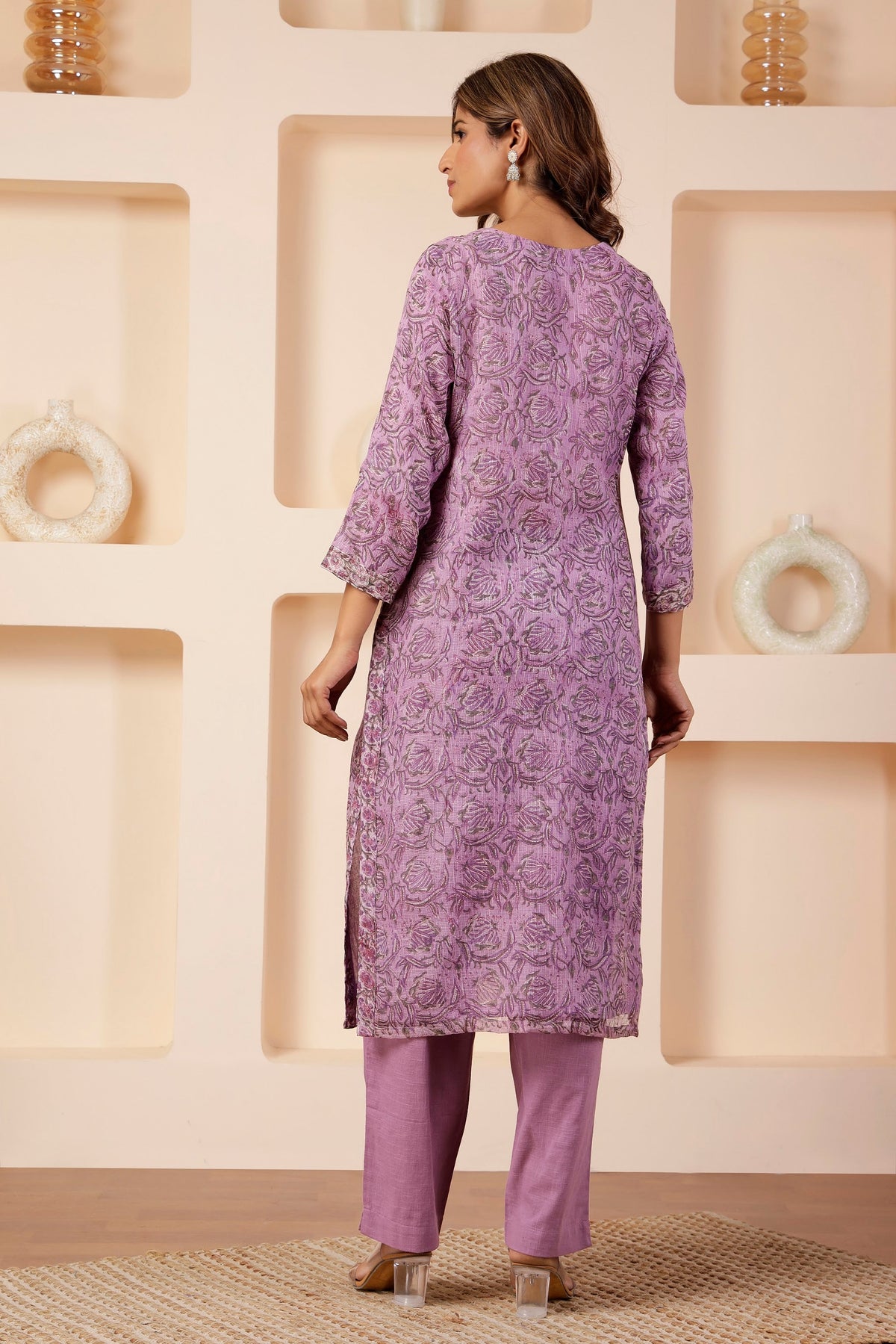 Lavender Floral Booti Kota Cotton Kurta with Sequin Placket
