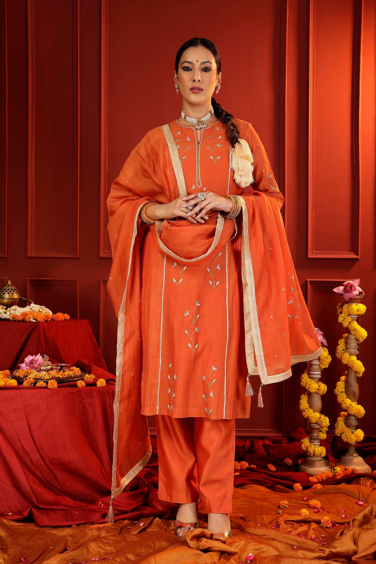 Rust Mul Chanderi Hand-Embroidered 3-Piece Suit Set