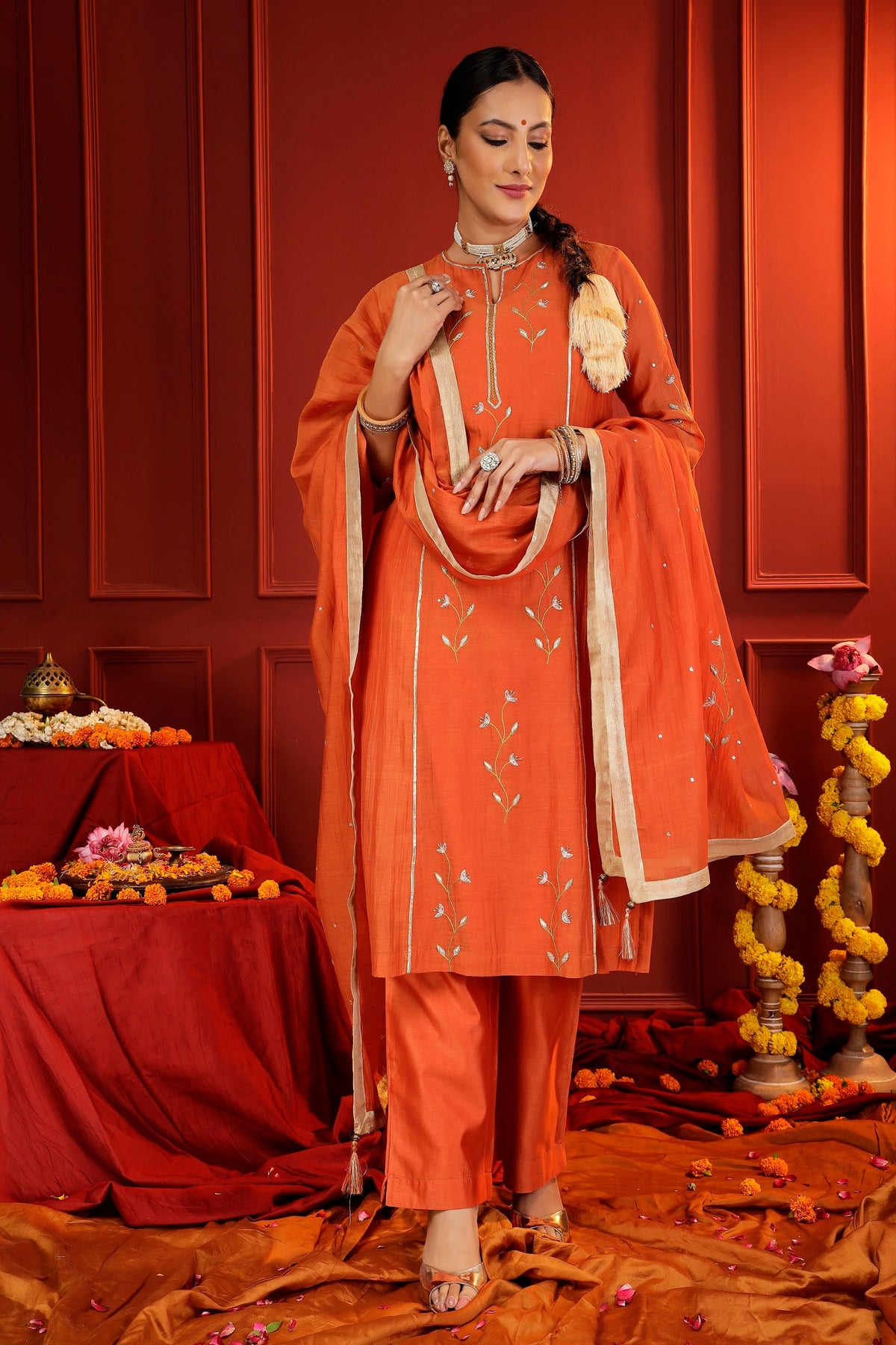 Rust Mul Chanderi Hand-Embroidered 3-Piece Suit Set