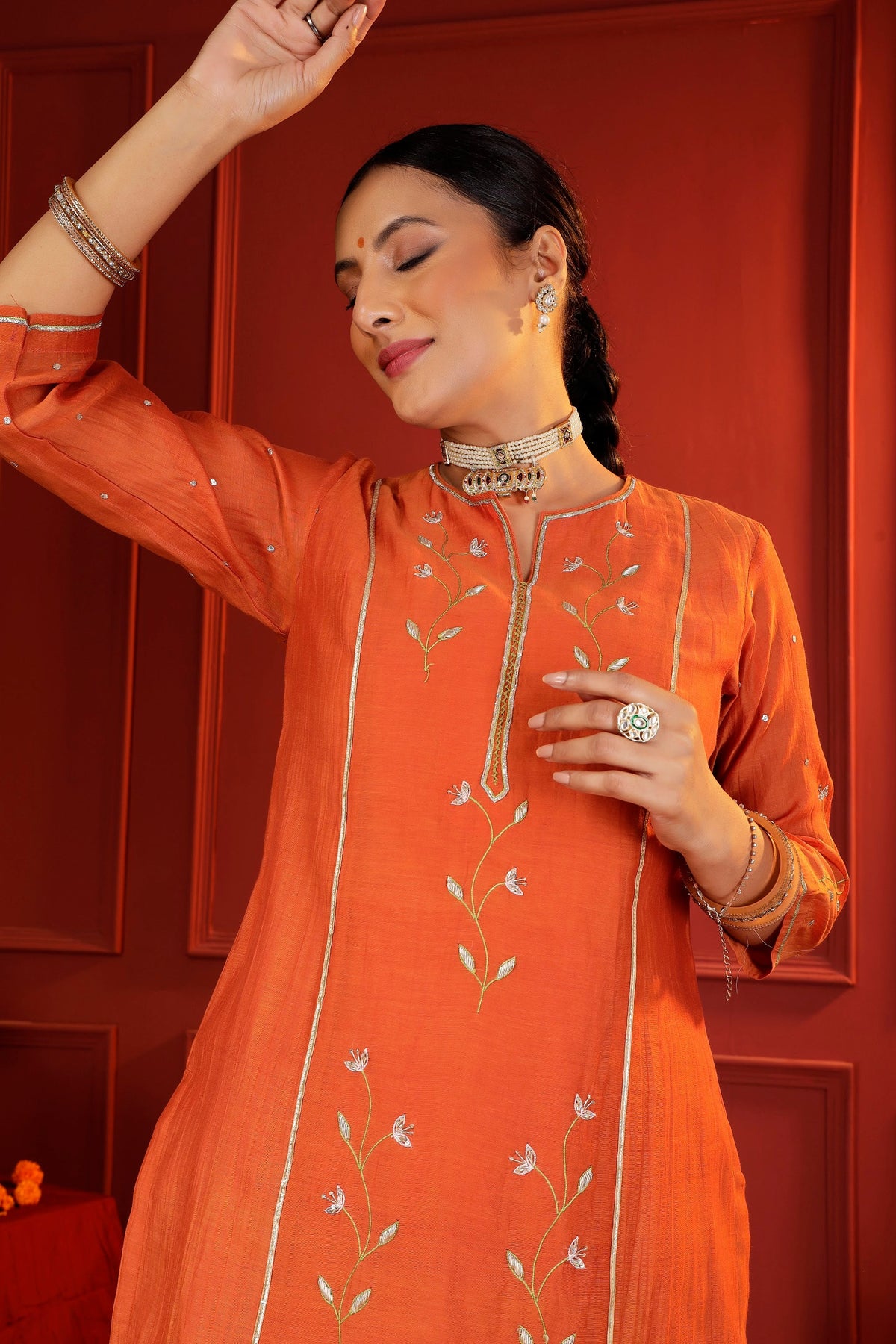 Rust Mul Chanderi Hand-Embroidered 3-Piece Suit Set