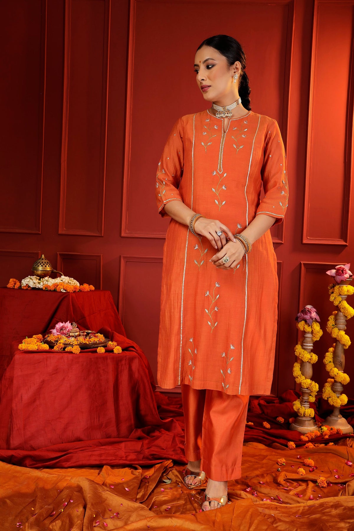 Rust Mul Chanderi Hand-Embroidered 3-Piece Suit Set