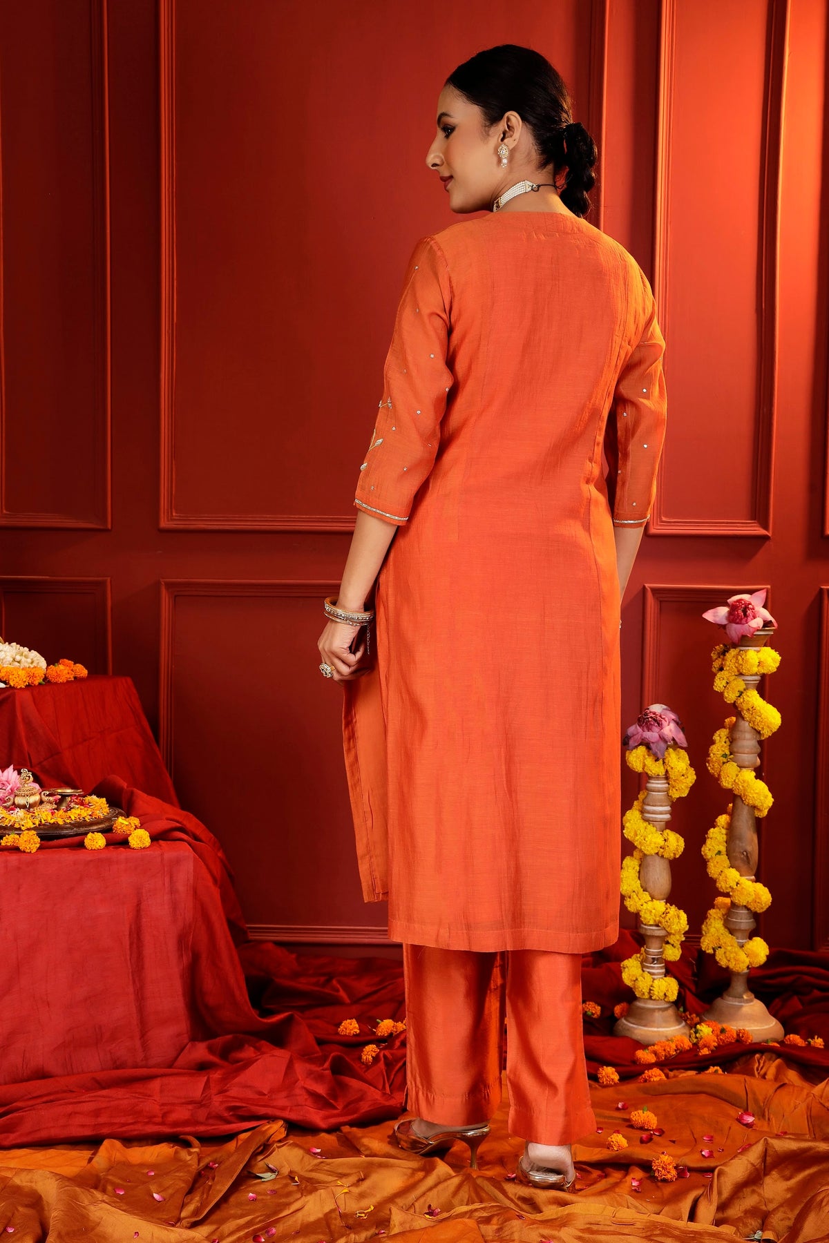 Rust Mul Chanderi Hand-Embroidered 3-Piece Suit Set