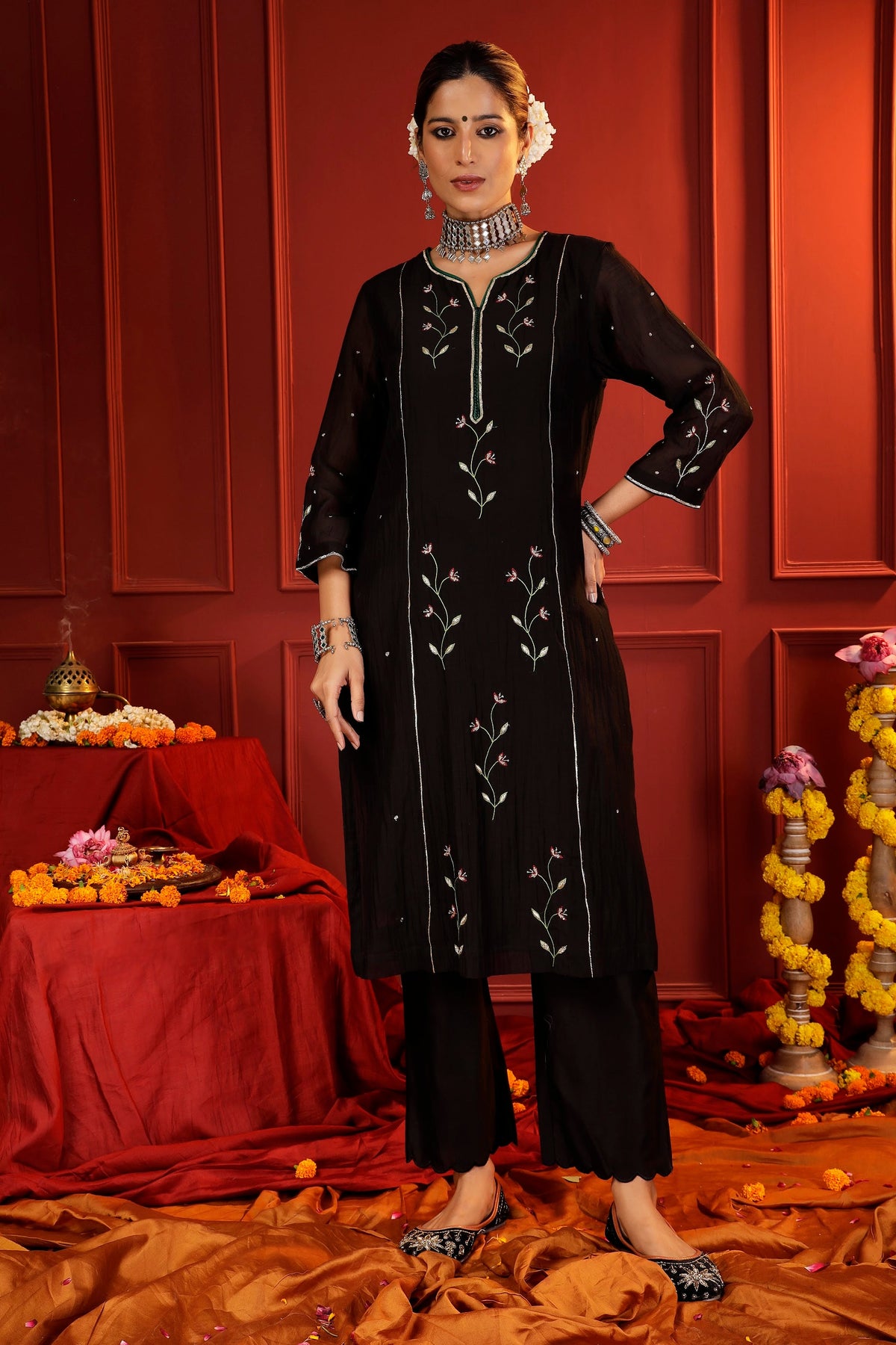 Midnight Black Mul Chanderi Hand-Embroidered 3-Piece Suit Set