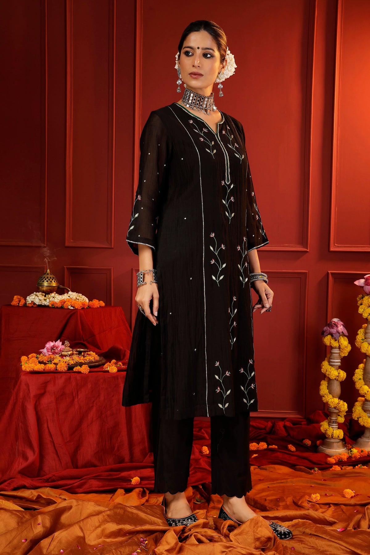 Midnight Black Mul Chanderi Hand-Embroidered 3-Piece Suit Set