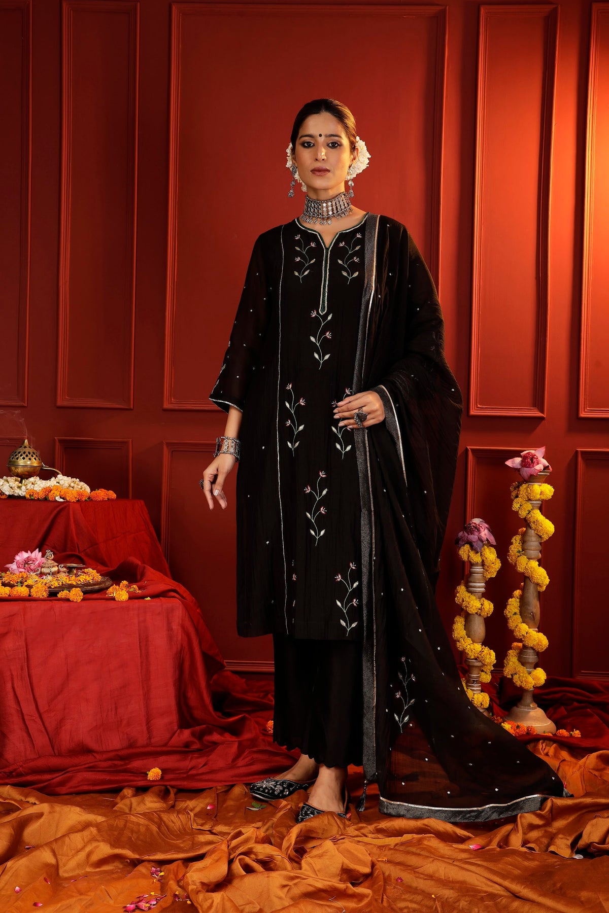 Midnight Black Mul Chanderi Hand-Embroidered 3-Piece Suit Set