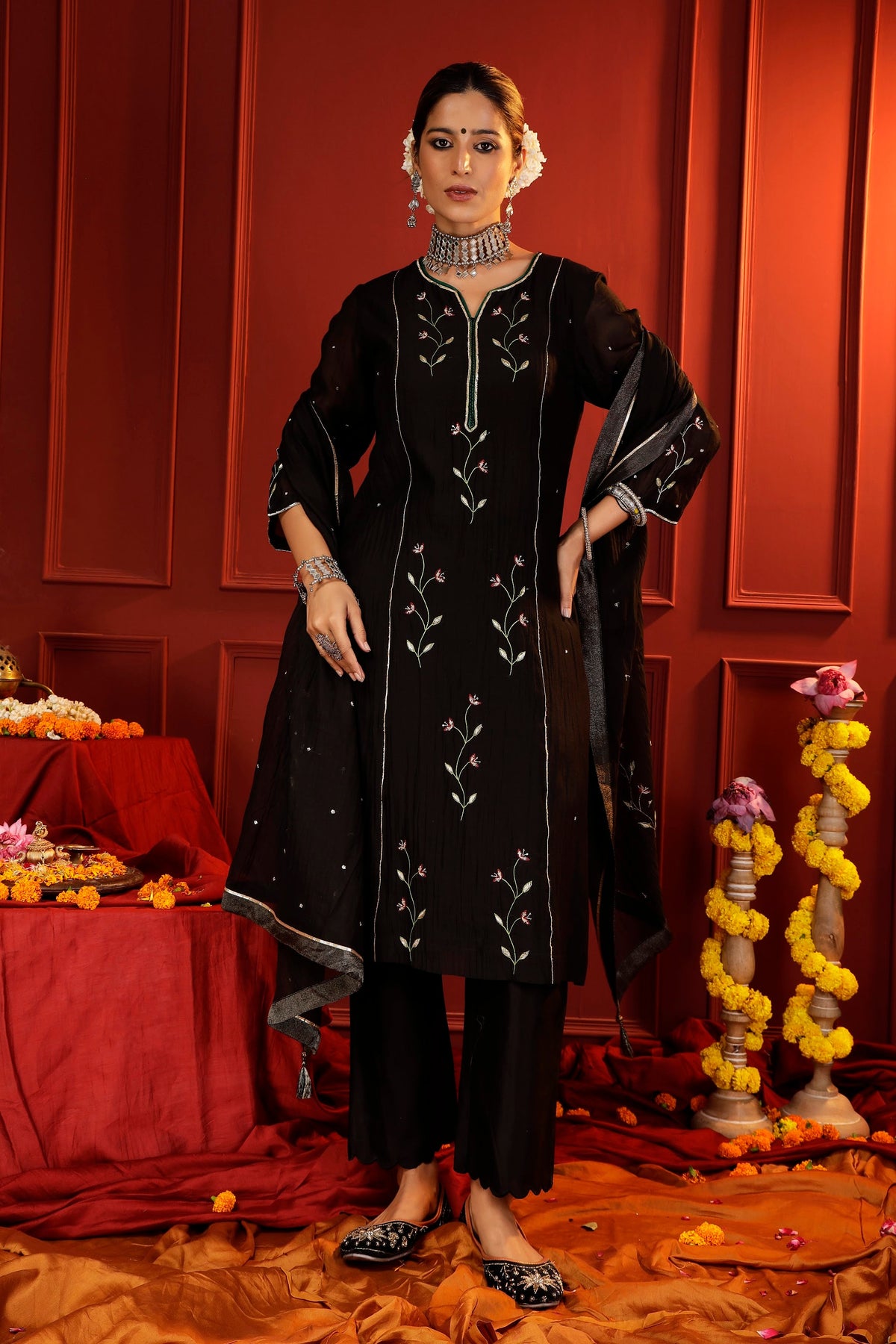 Midnight Black Mul Chanderi Hand-Embroidered 3-Piece Suit Set
