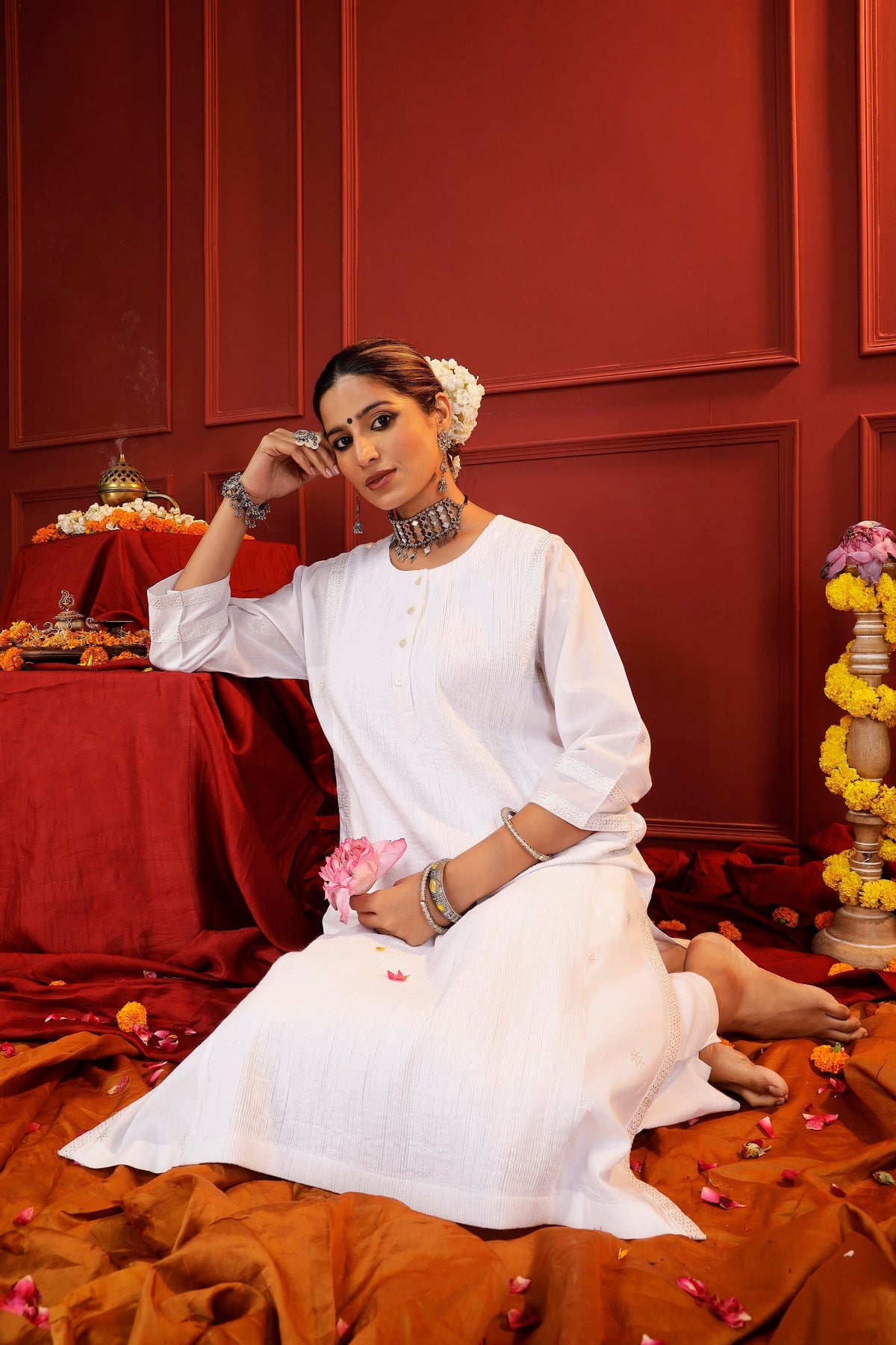 White Kalidaar Kurta with Micro Pintucks & Zari Thread