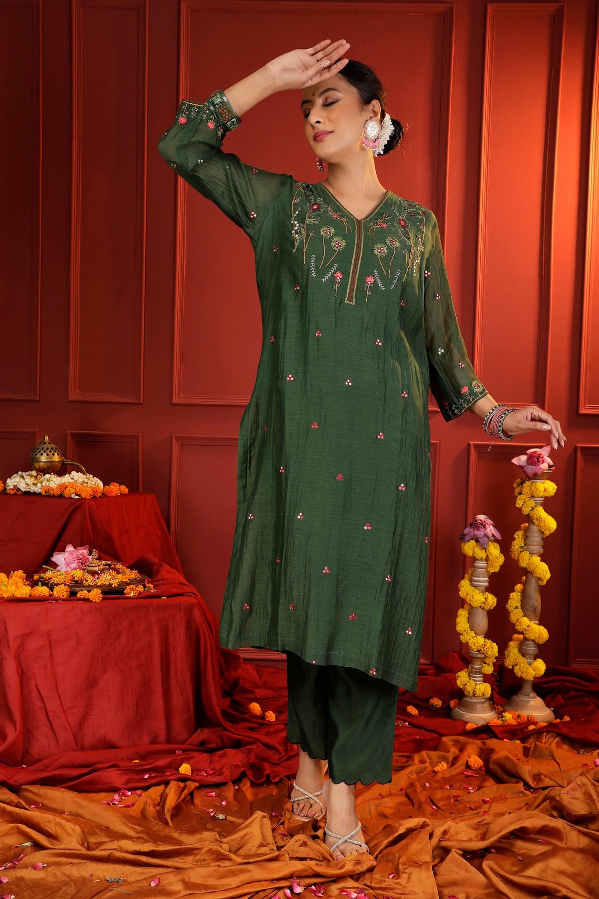 Forest Green Mul Chanderi 3-Piece Suit Set with Handcrafted Zardozi Embroidery