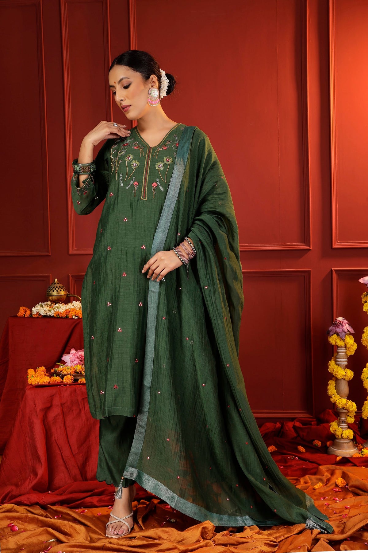 Forest Green Mul Chanderi 3-Piece Suit Set with Handcrafted Zardozi Embroidery