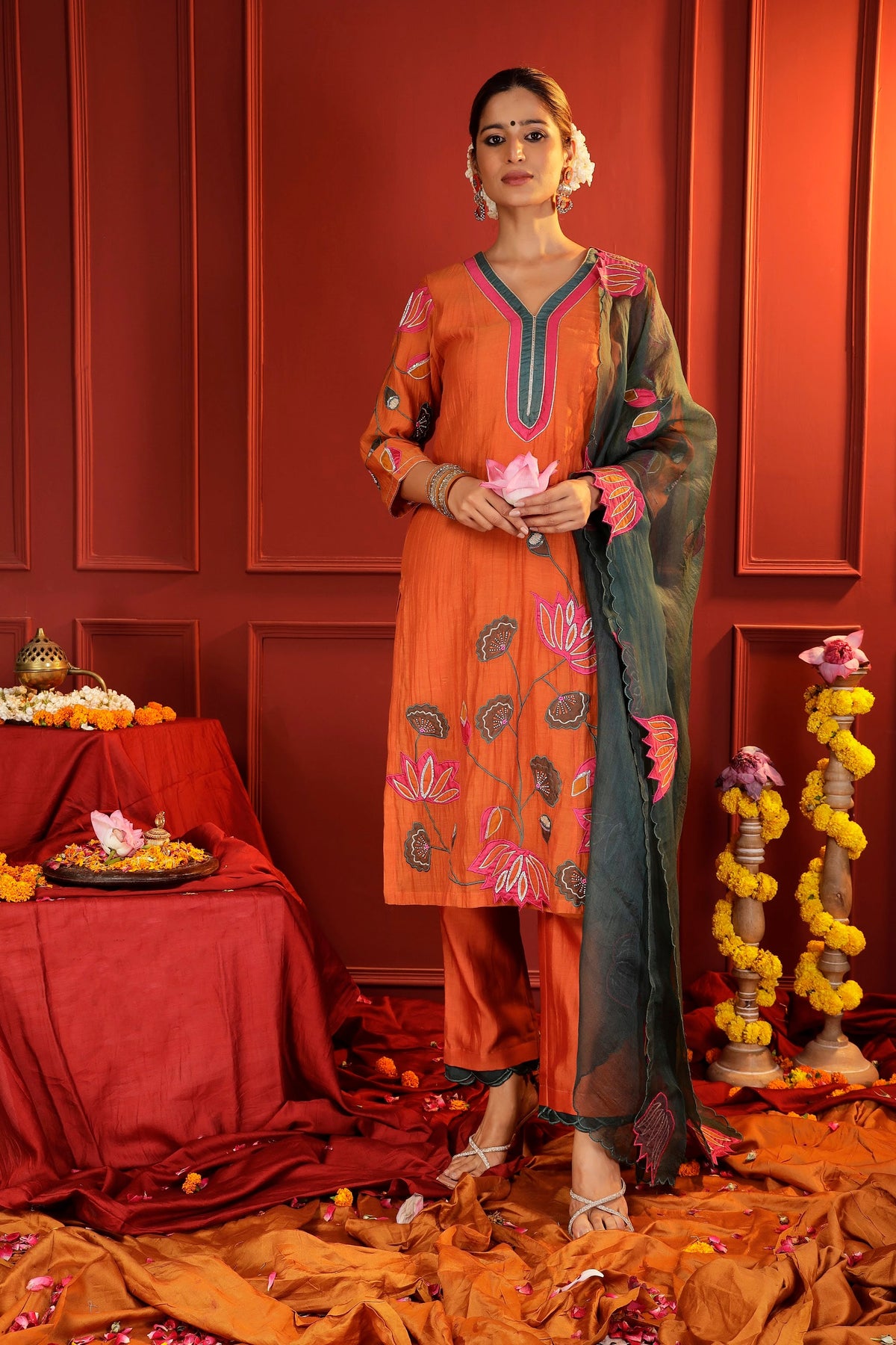 Rust Mul Chanderi Lotus Patchwork 3-Piece Suit Set