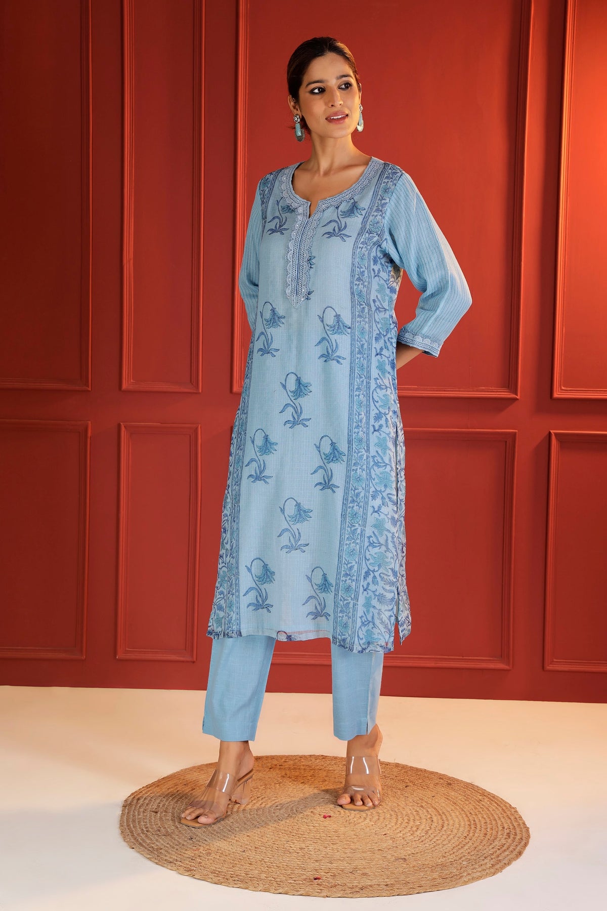 Jaipur Hand-Block Print 3-Piece Suit Set in Powder Blue